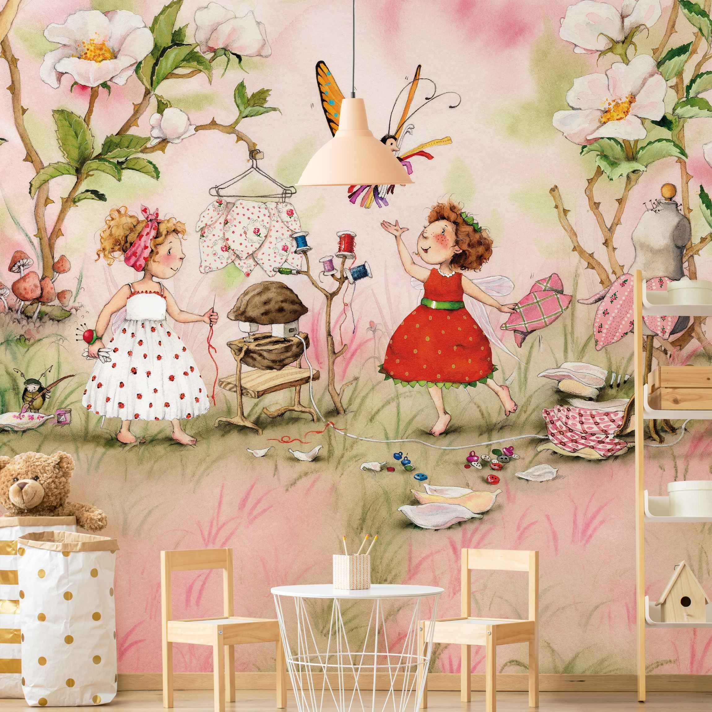 Papel pintado fotomural ilustración niños acuarela arte 41 - habitación infantil niña bebé - tnt 336 x 336 cm adhesivo