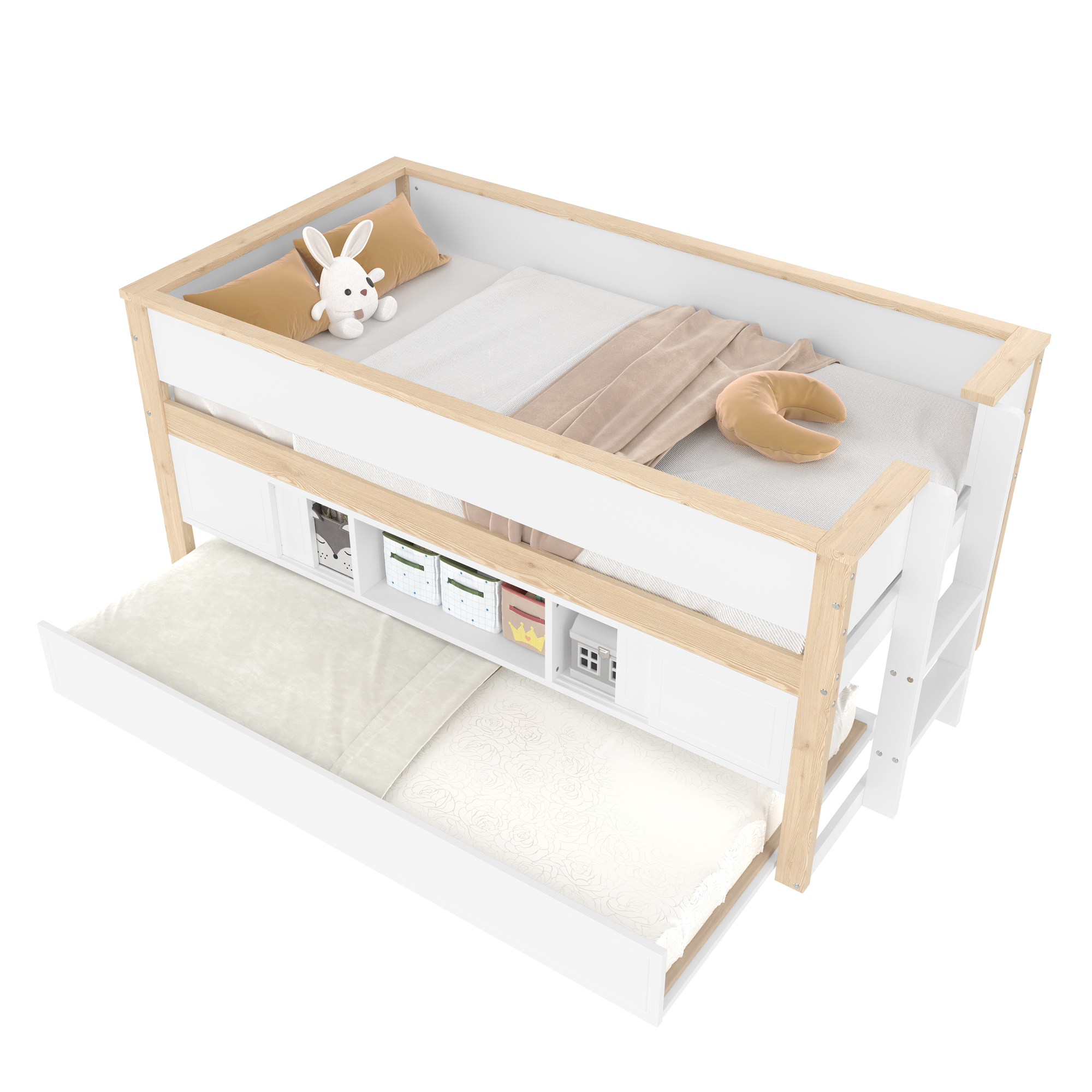 Letto estraibile 90x200 cm con cassetti scorrevoli e spazi aperti, pino bianco e naturale, senza materasso - 3