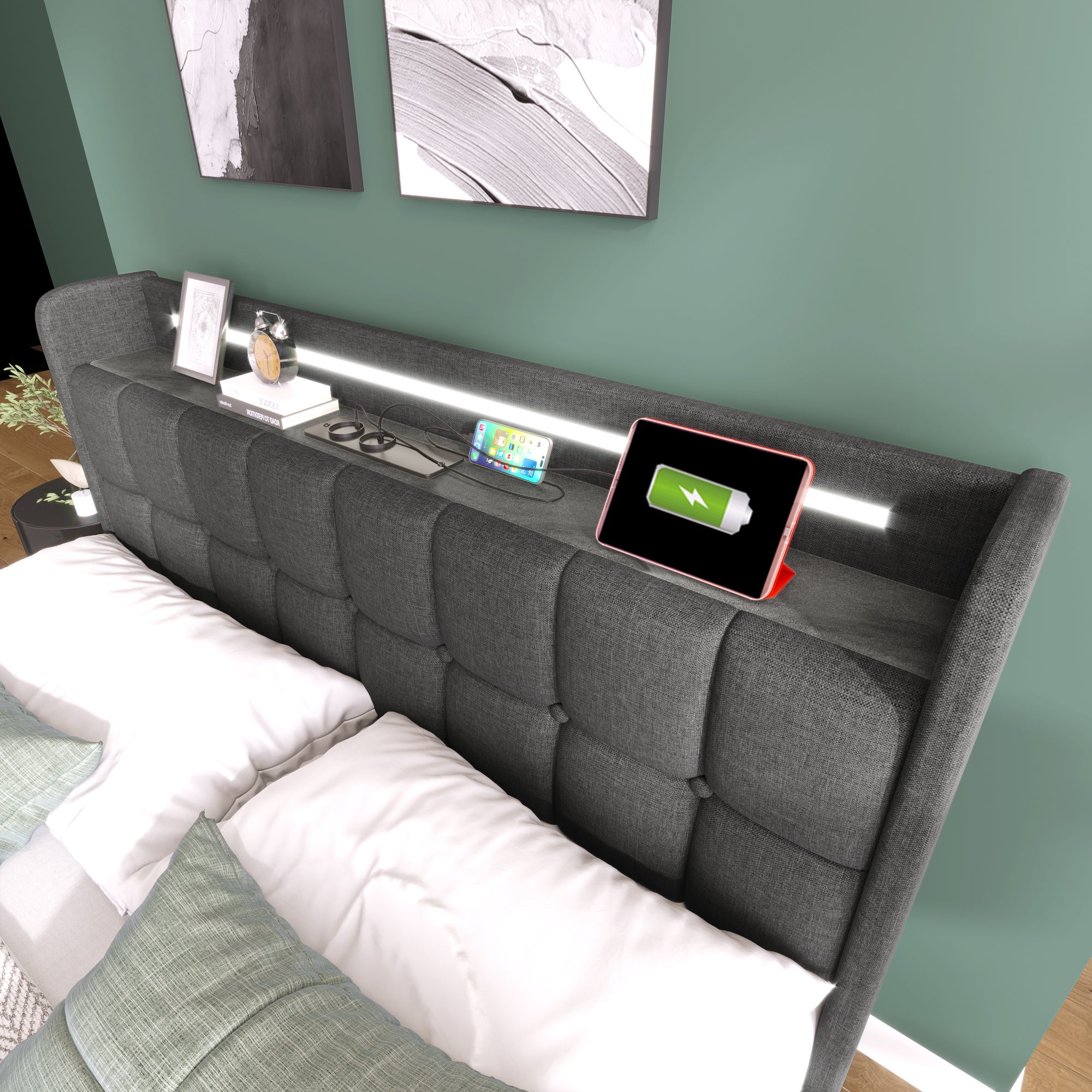 Cama tapizada 160x200cm en lino - con LED y puertos de carga USB - 2 cajones - Gris - 4