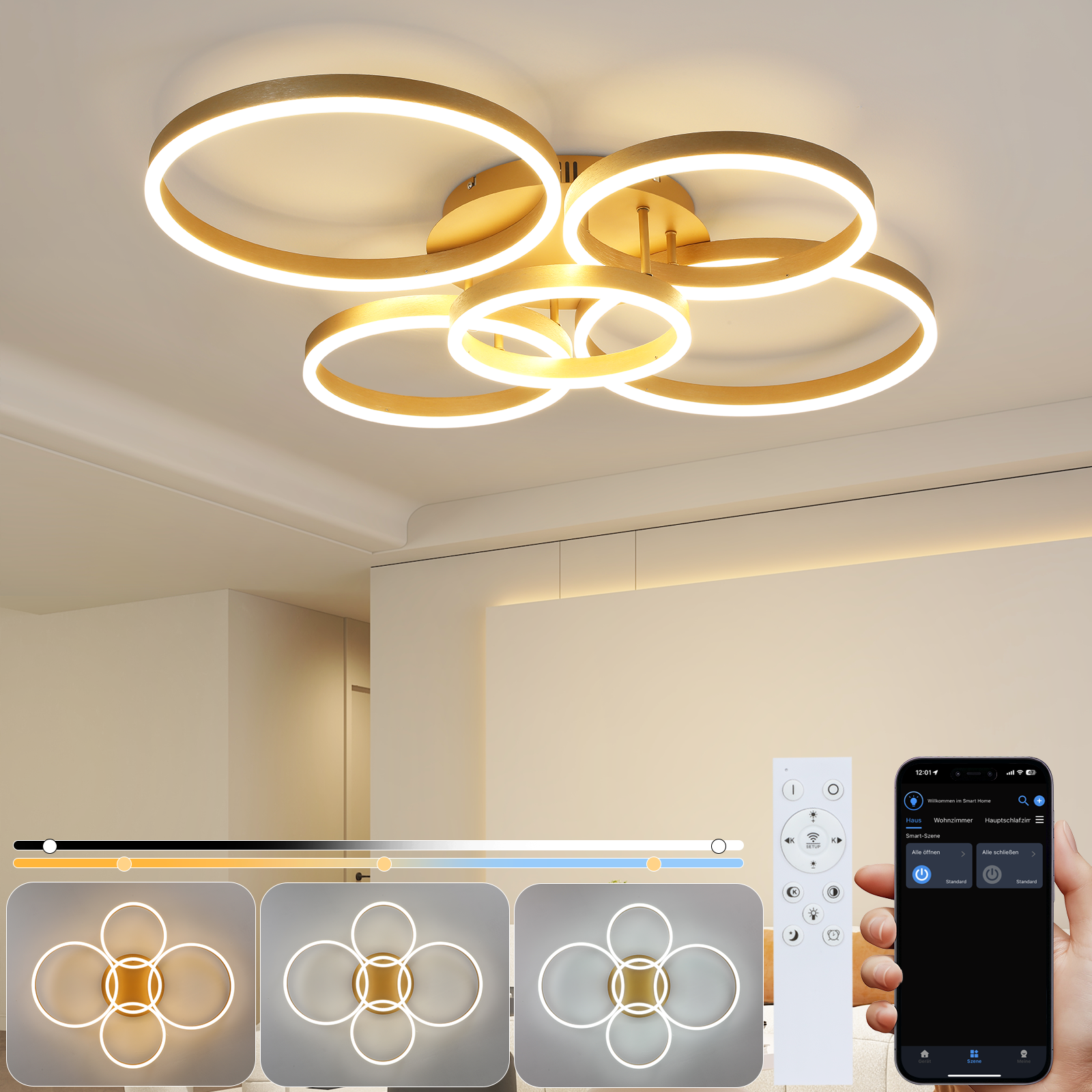 Zmh lámpara de techo led para sala de estar: lámpara de salón regulable de 78 w con control remoto, lámpara de dormitorio dorada de 5 anillos