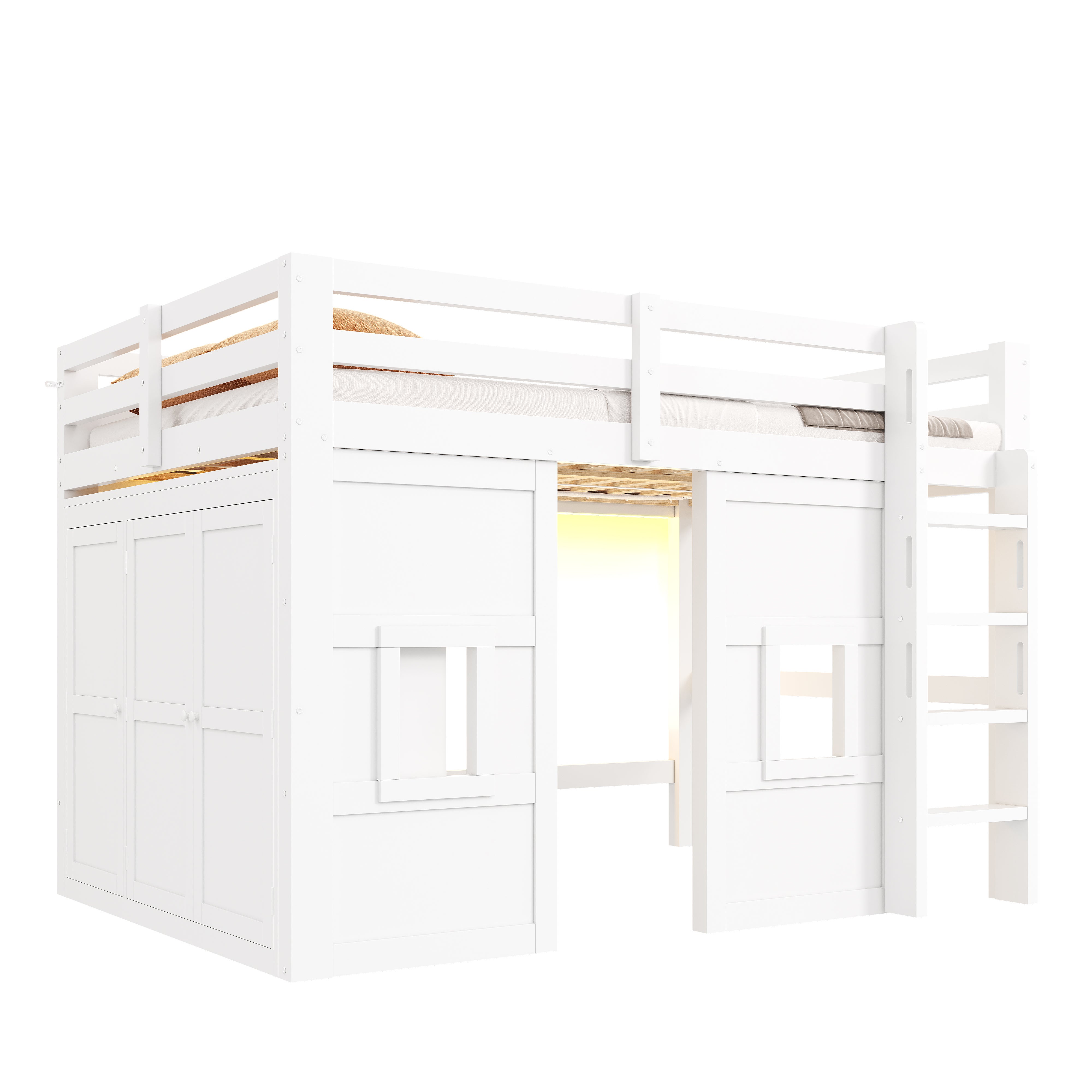 Lit mezzanine 140 x 200 cm avec armoire et 2 fenêtres - MDF + pin - LEDs - Blanc (Sans matelas) - 6