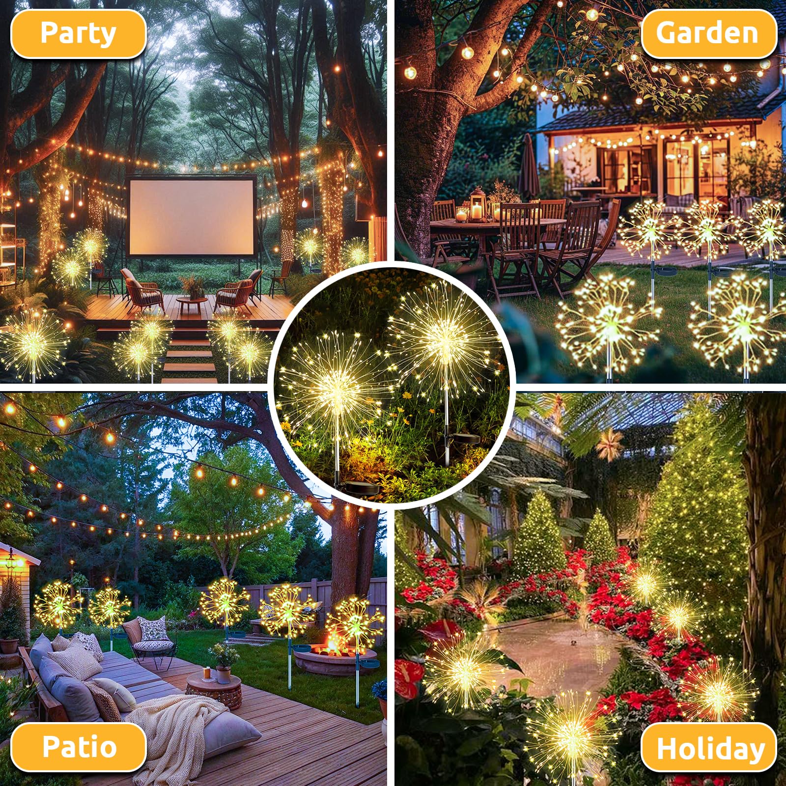 Lot de 2 lampes solaires extérieures 120 LED,effet feu d’artifice,IP65 étanche,8 modes d’éclairage,pour terrasse,jardin,chemins,décor blanc chaud - 4