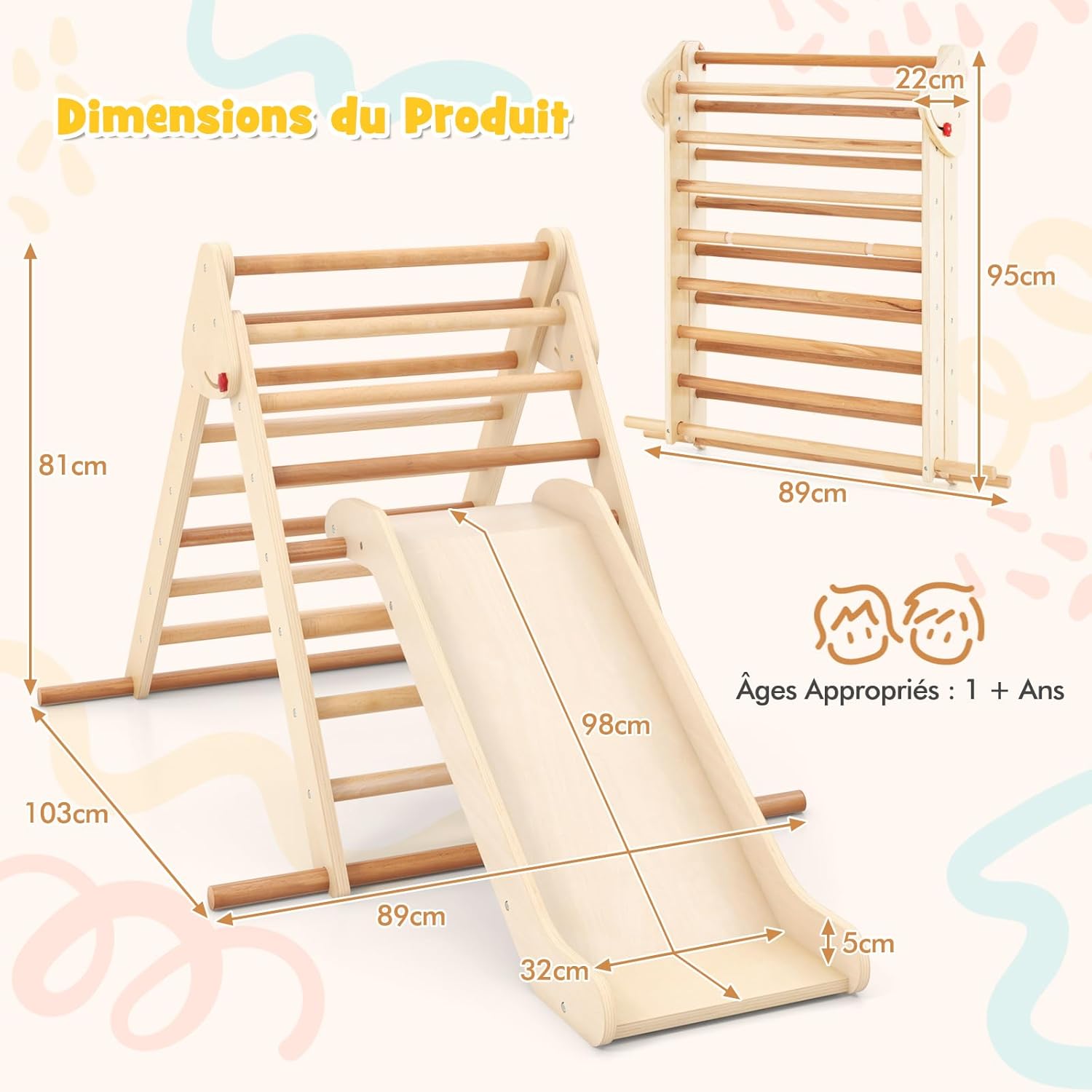 Triangle d'escalade Montessori pour Enfants avec Toboggan,Parcours Escalade Bois Pliable avec Rampe,Charge 50 KG (Naturel,Pliable) - 2