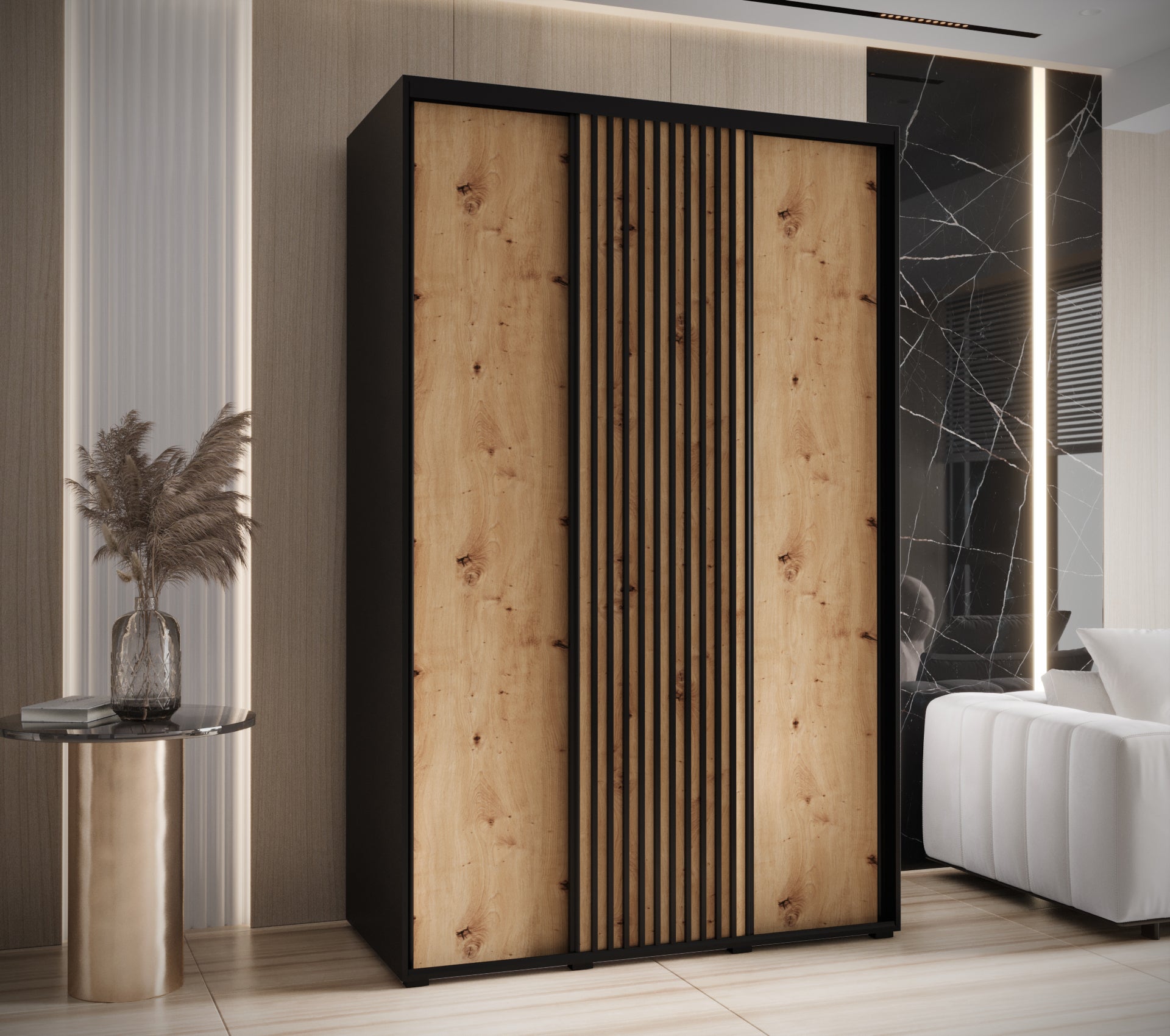 Szafa przesuwna wysoka Lanko 1 150 x 60 x 235,2 cm czarny + artisan + lamele czarny - Abiks Meble - 2