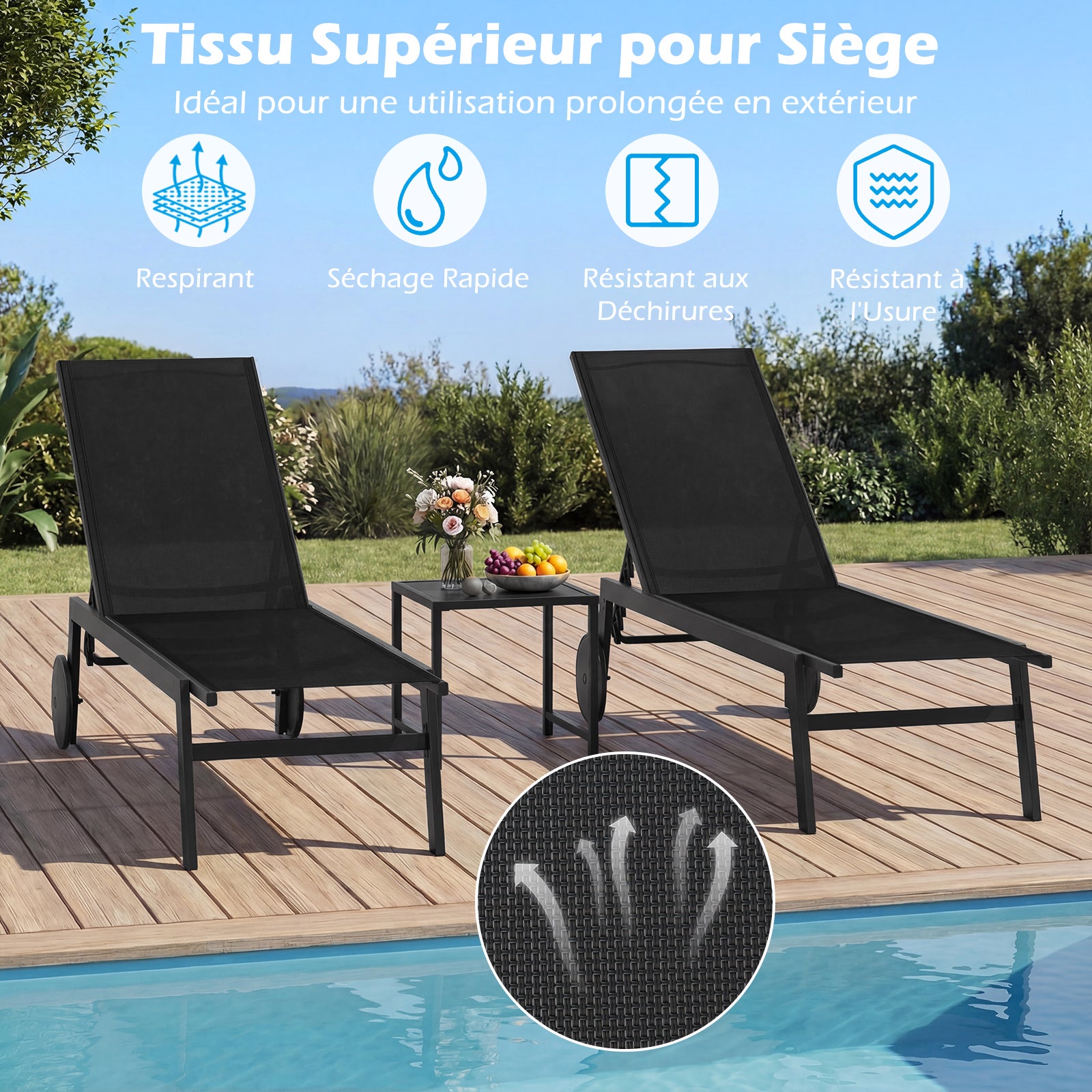 Tumbona de jardín para exterior en tejido transpirable, 64 x 190 x 33,5-99 cm, respaldo reclinable de 6 posiciones, cama solar móvil con 2 ruedas - 5