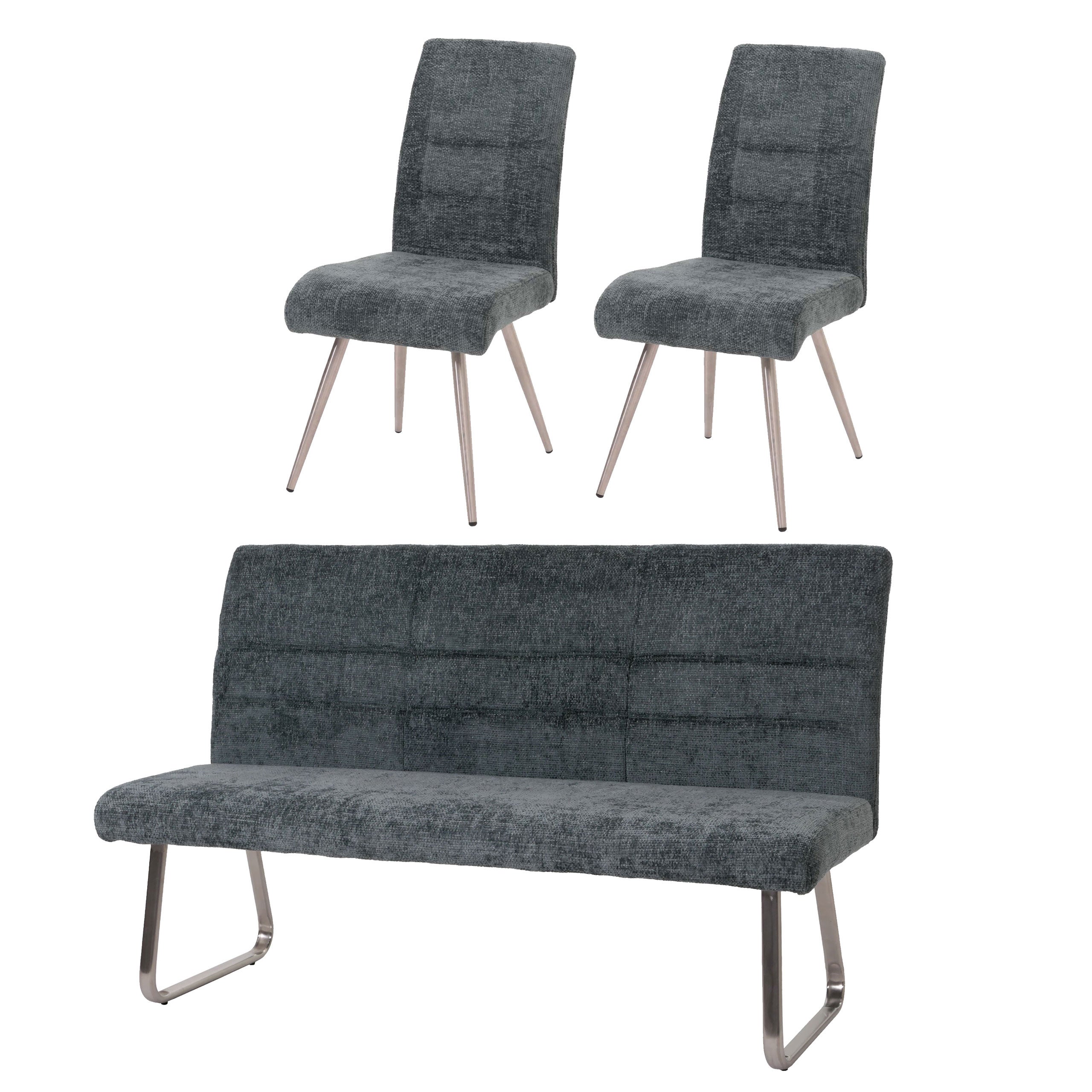 Zestaw do jadalni HWC-G55, zestaw 2 krzeseł + ławka 180 cm, szczotkowana stal nierdzewna, tkanina/tekstylia Chenille ~ niebiesko-zielony