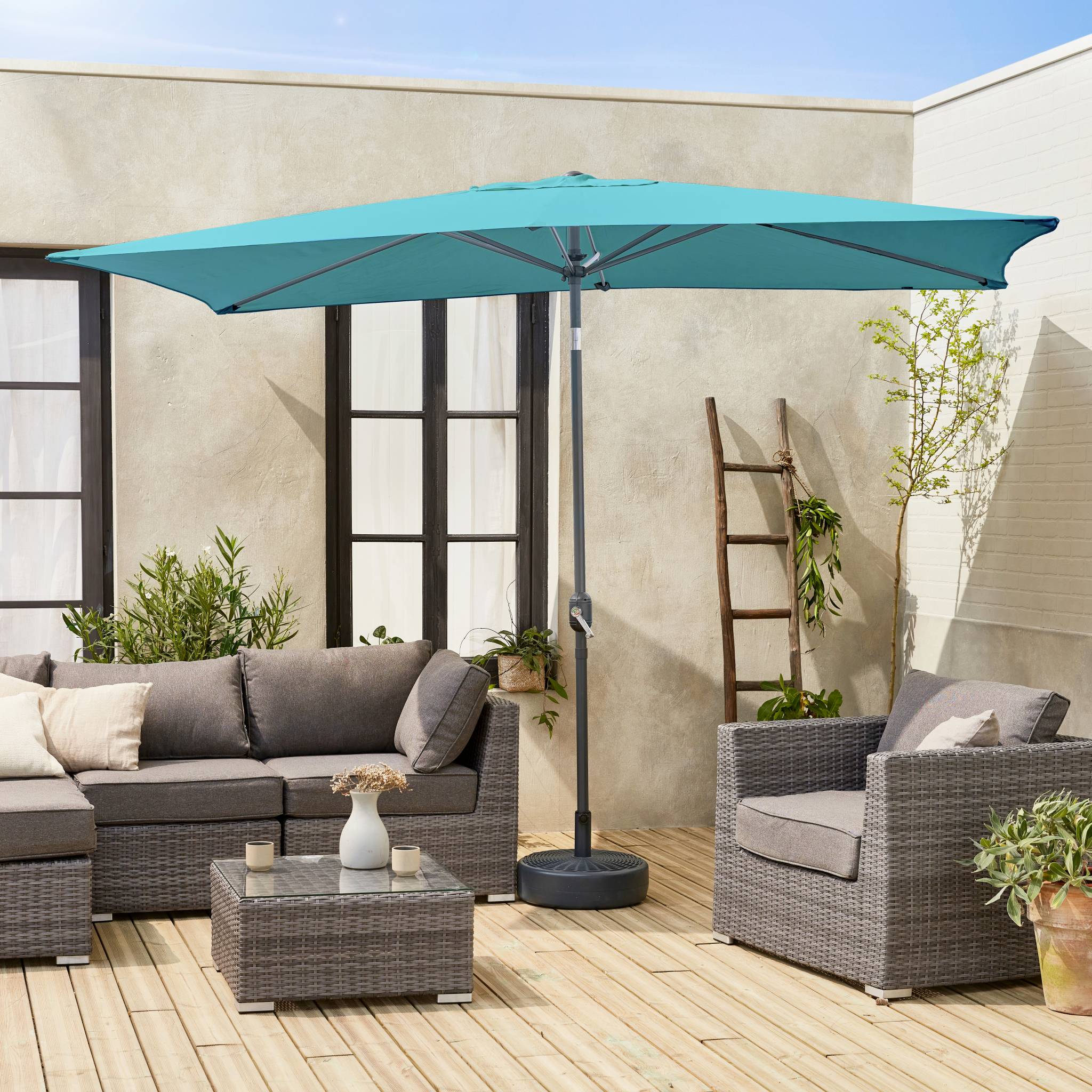 Parasol droit rectangulaire 2x3m - Touquet Turquoise - mât central en aluminium orientable et manivelle d'ouverture - 2