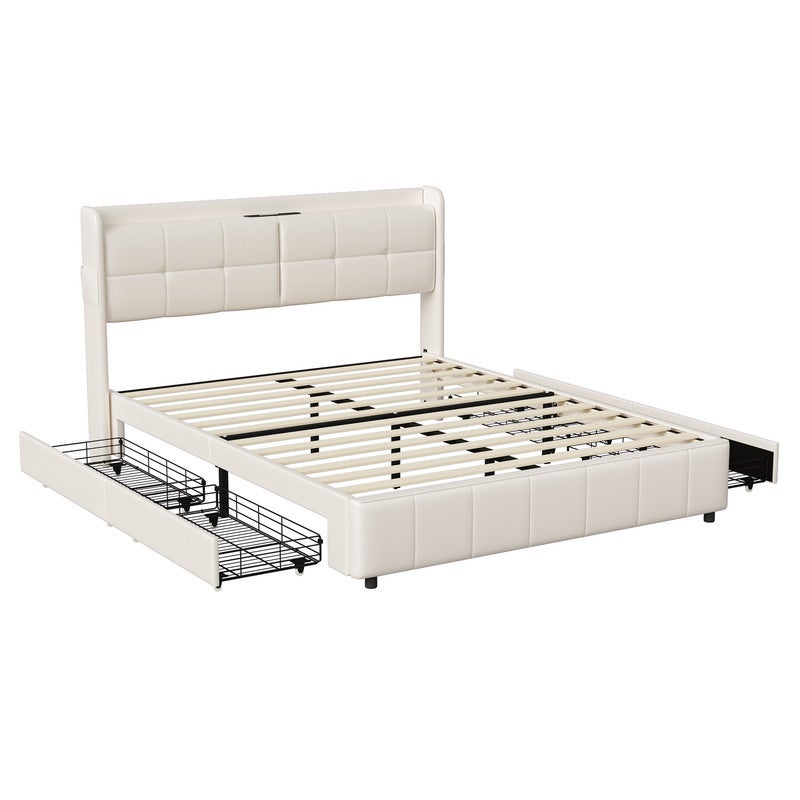 Lit rembourré 160 x 200 cm, Lit double avec USB et tête de lit, Cadre de lit avec sommier à lattes, sans matelas, beige - 7