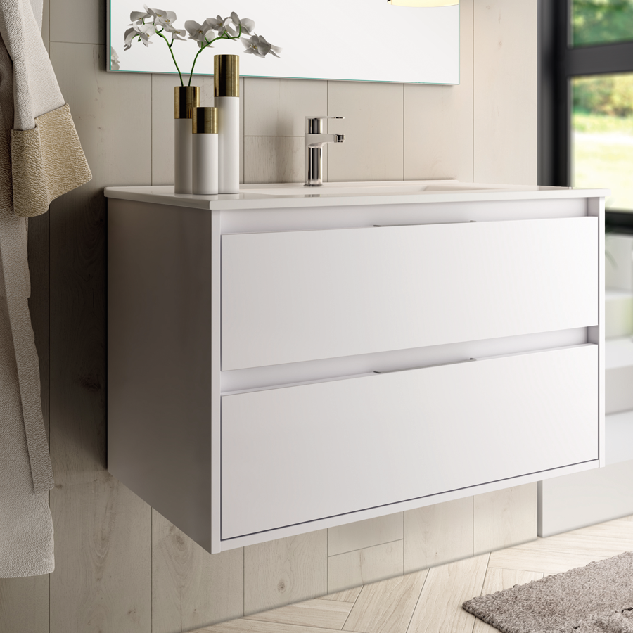 Meuble de salle de bain 100cm simple vasque - 2 tiroirs - IRIS - blanc - 2