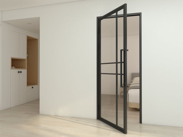 Bloc-porte fin de chantier vitré, acier noir verre transparent, H.197 x l.83 cm, SCHULTE, poussant droit, porte intérieure loft industriel, atelier H