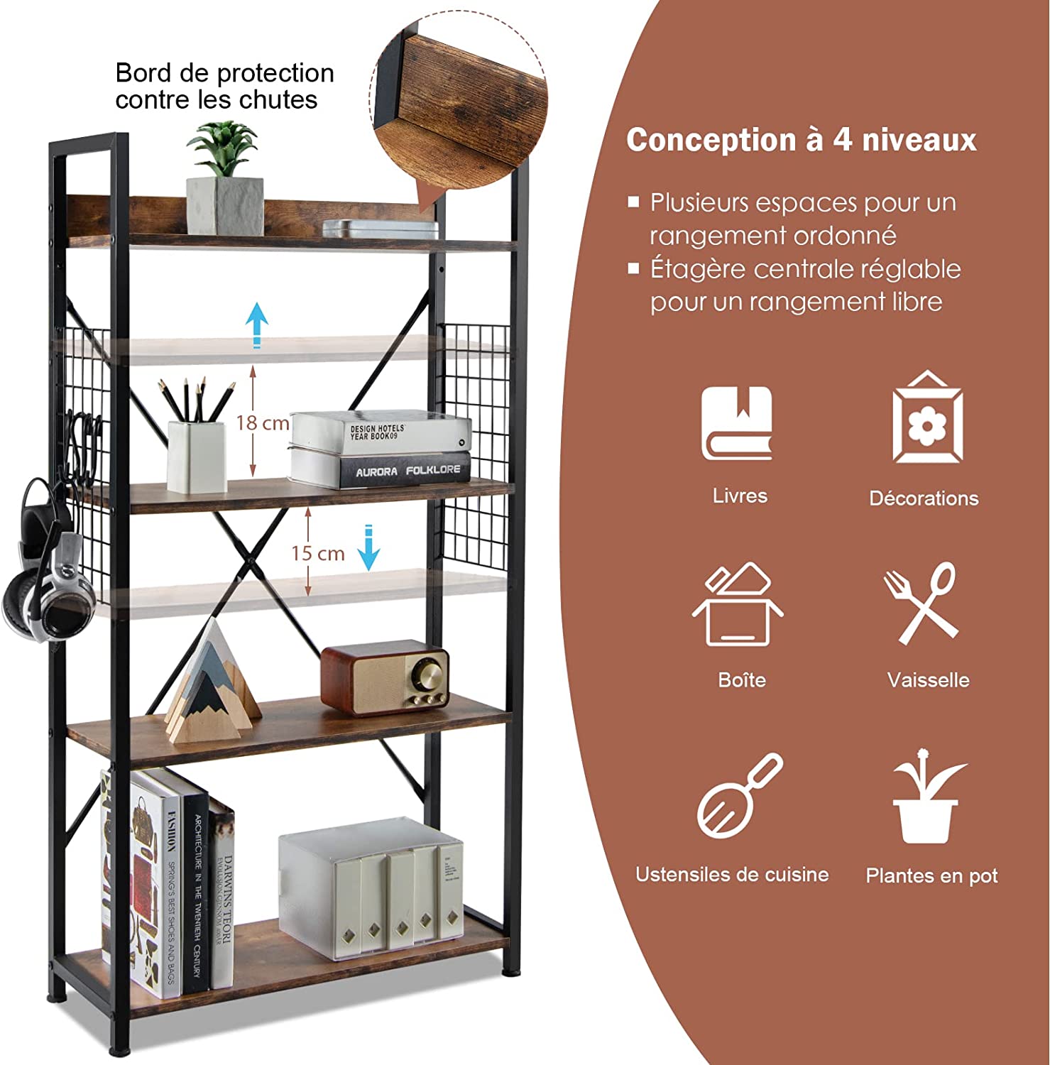 COSTWAY Libreria Industriale a 4 Livelli, Scaffale Multifunzionale con Struttura in Metallo e Piedini Regolabili, Ideale per Soggiorno Camera da Letto - 2