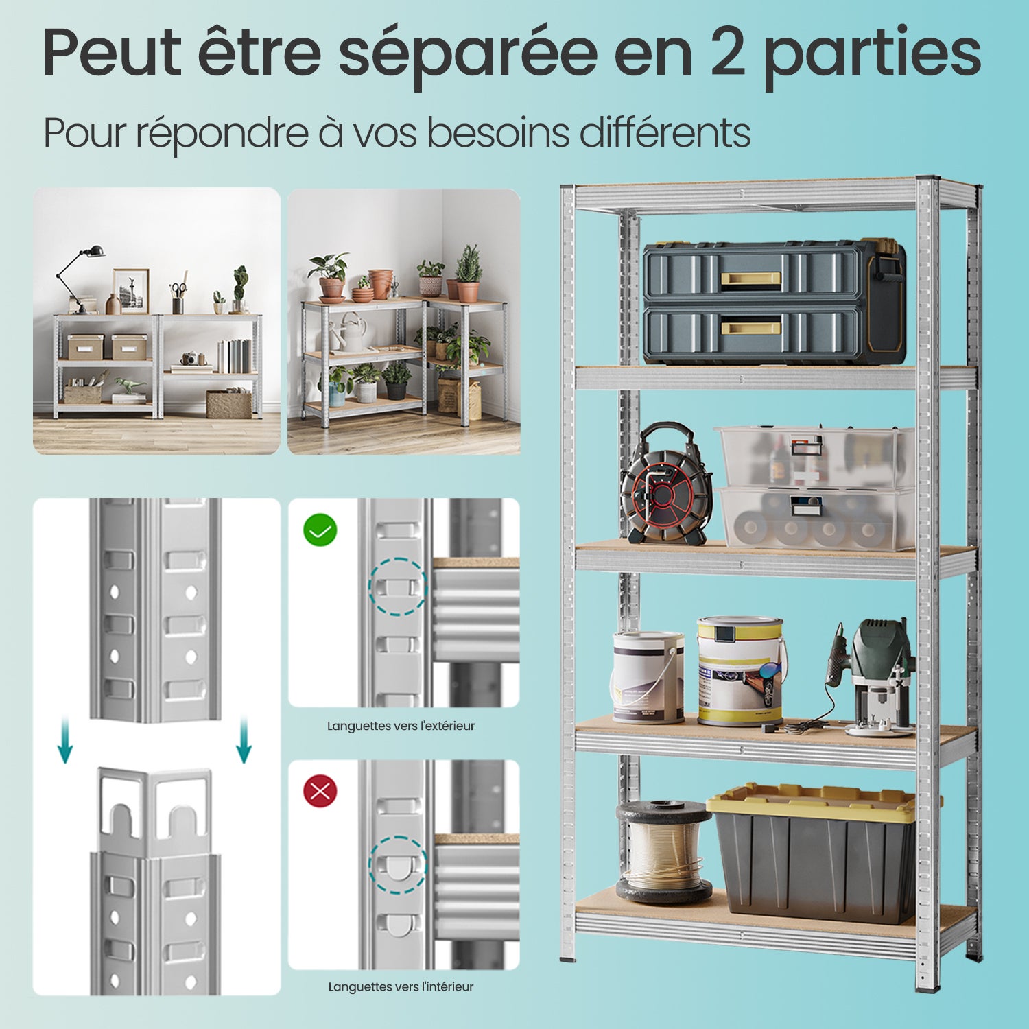 Étagère de Rangement à 5 Niveaux, Lot de 2, en Métal, Montage sans Vis, Réglable, Charge 875 kg, 40 x 90 x 180 cm, Argent - 3