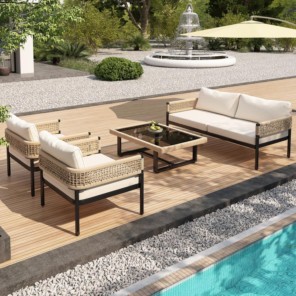 Set de salon de jardin avec canapé 2 places, deux fauteuils, table en verre, corde tressée et coussins inclus pour extérieur - 2