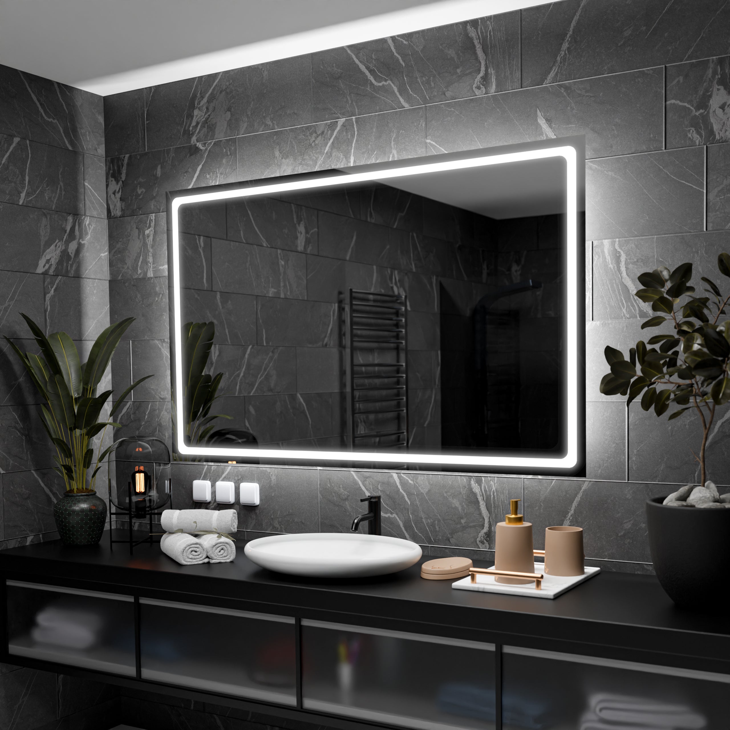 Miroir Salle Bain LED MIQU • 70x50cm • Anti-Buée • Lumière Chaude/Froide • Tactile • IP44