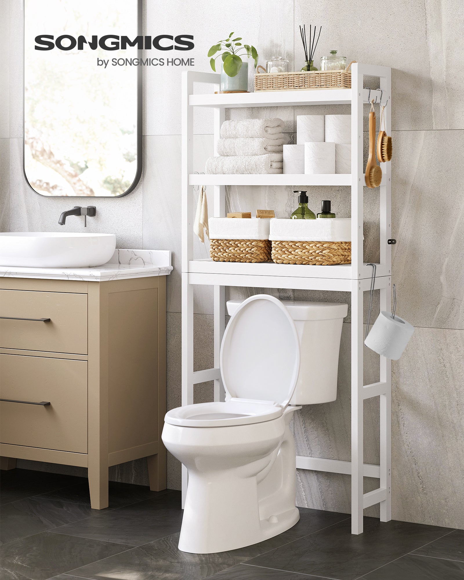 Étagère WC VEVOR 3 Niveaux - Rangement Salle De Bain Réglable - Blanc Bambou - 630x260x1700mm