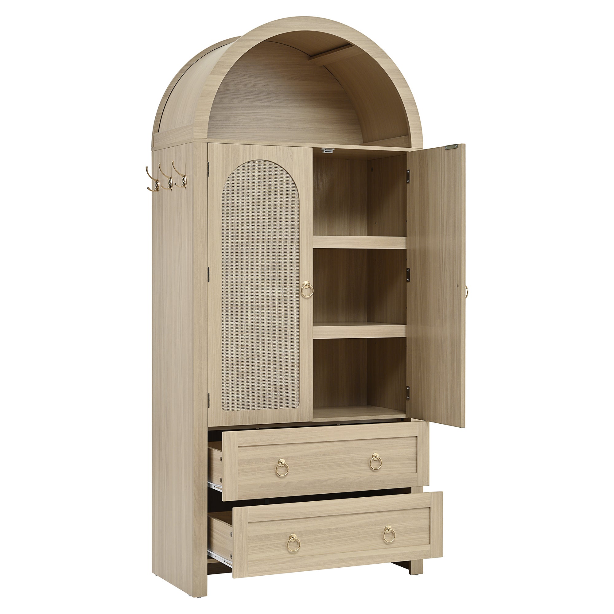 LEMONBEST Meuble de rangement décoratif en osier style voûté - Buffet vintage à 2 tiroirs pour séjour/chambre - 80x40x180cm - couleur bois naturel - 9
