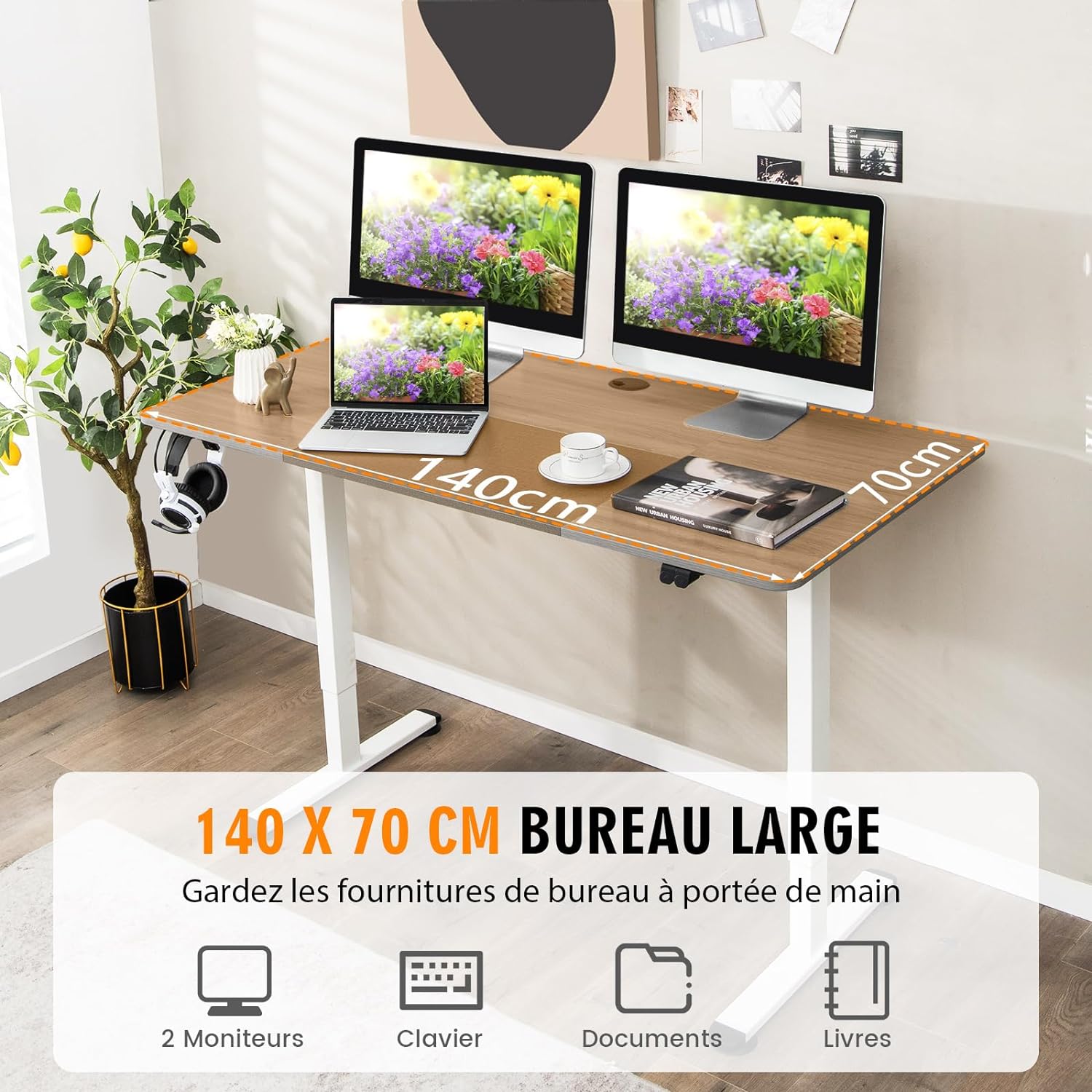 Bureau Assis Debout 70 x 140 cm, Bureau Électrique Réglable en Hauteur avec Mono-Moteur, Support de Câble, Crochet, Naturel Foncé - 6