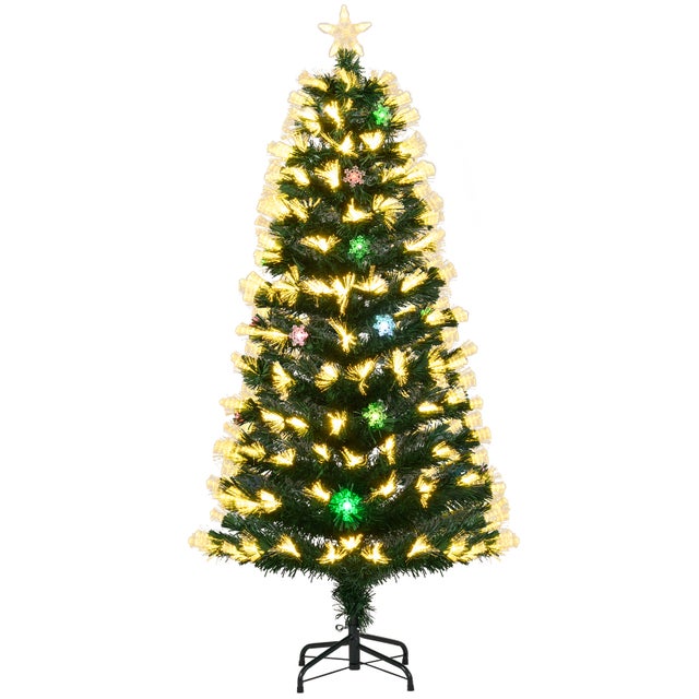 Árbol de Navidad de Fibra Óptica de 150 cm, Árbol Artificial Preiluminado con 8 Modos de Luz, 170 Puntas de Ramas, 20 Copos de Nieve