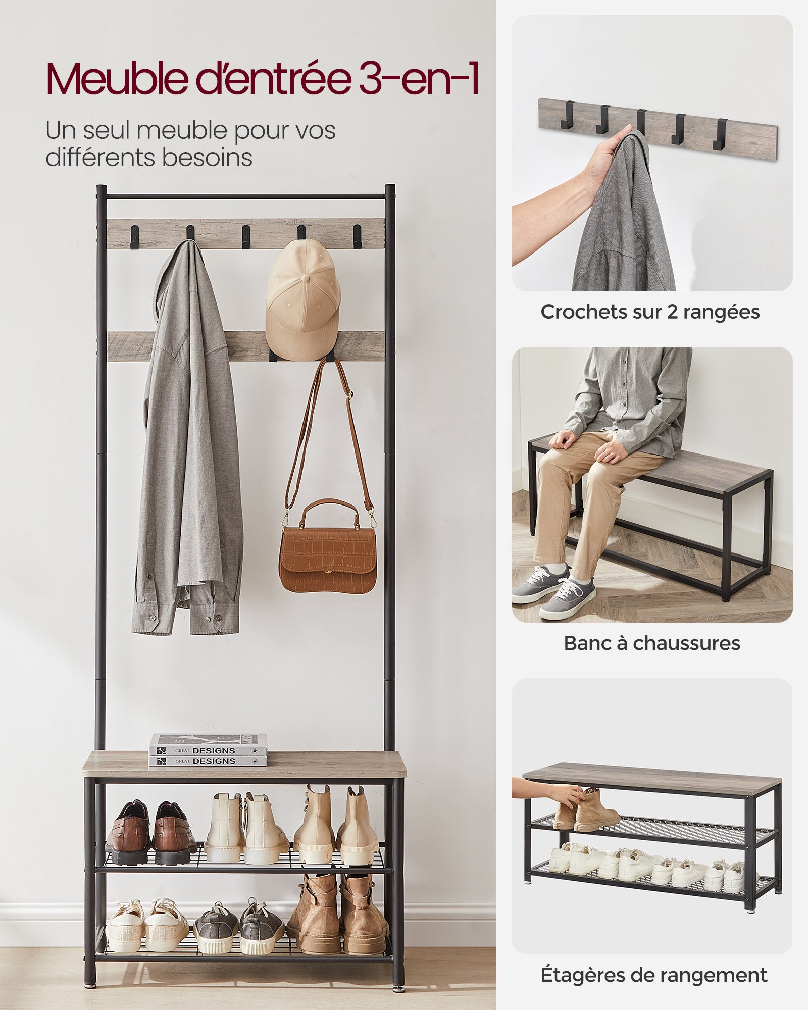 Vestiaire, Avec Étagères À Chaussures Et Crochets, 70 X 32 X 175 Cm, Grège Et Noir - 2