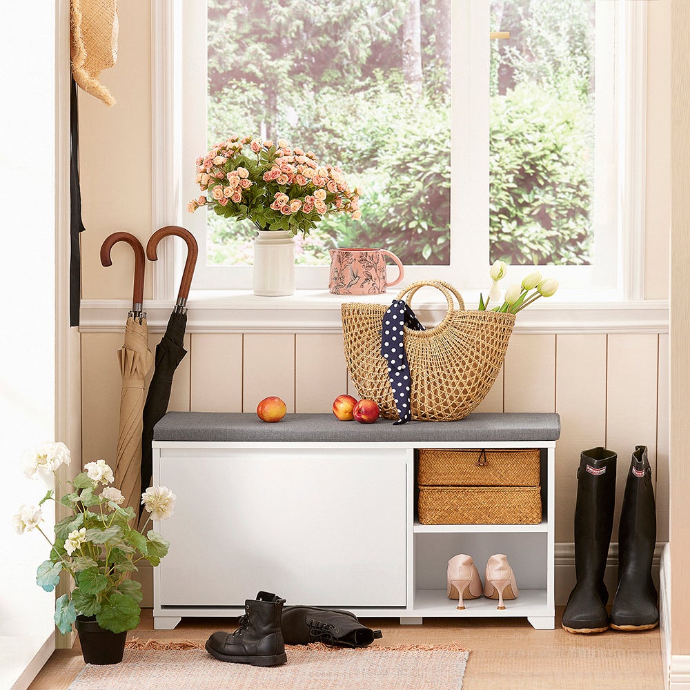 SoBuy Scarpiera con cuscino Panca con 2 vani portaoggetti Scarpiera salvaspazio Slim, portascarpe salvaspazio Regolabili 90x24x49 cm FSR119-W - 2