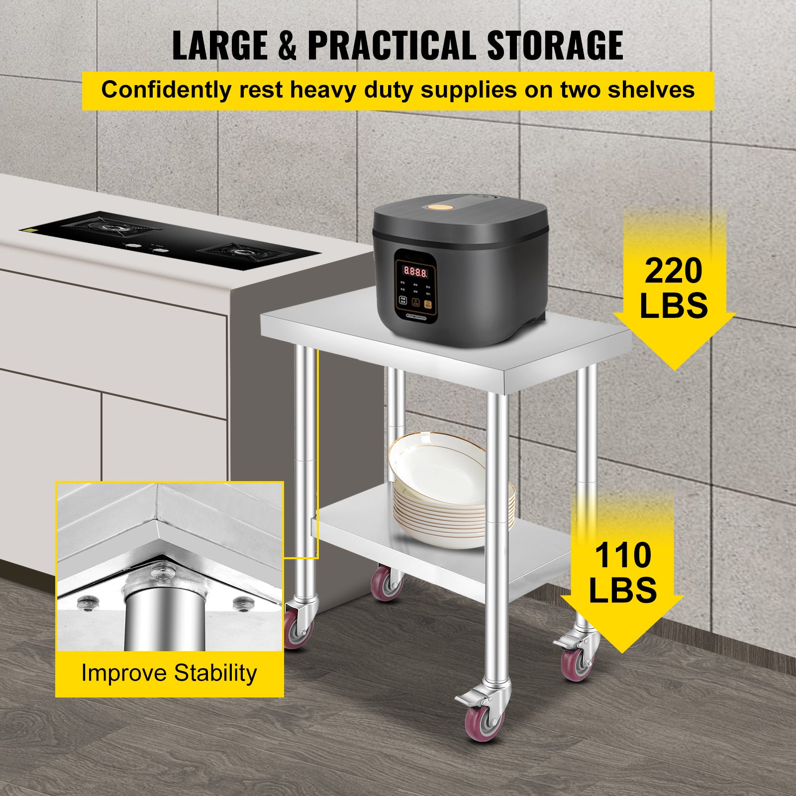 Tavolo lavoro in acciaio inox SucceBuy 30x18x34 pollici,capacità di 700 lb,4 ruote,3 altezze regolabili Tavolo per preparazione cibo per cucina - 6