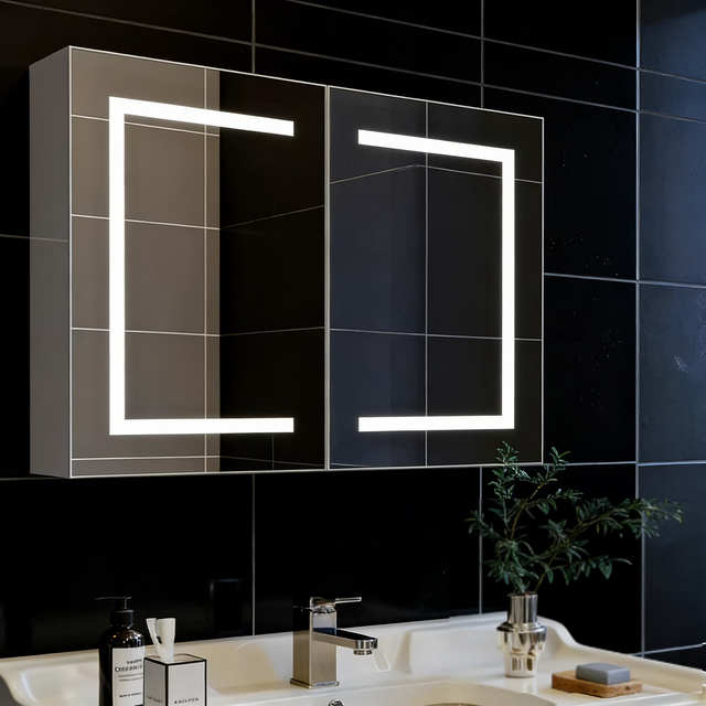 Armoire de Salle de Bain avec Miroir et LED éclairage Double Porte Armoire de Toilette Miroir, Trois températures de couleur, Cloison réglable