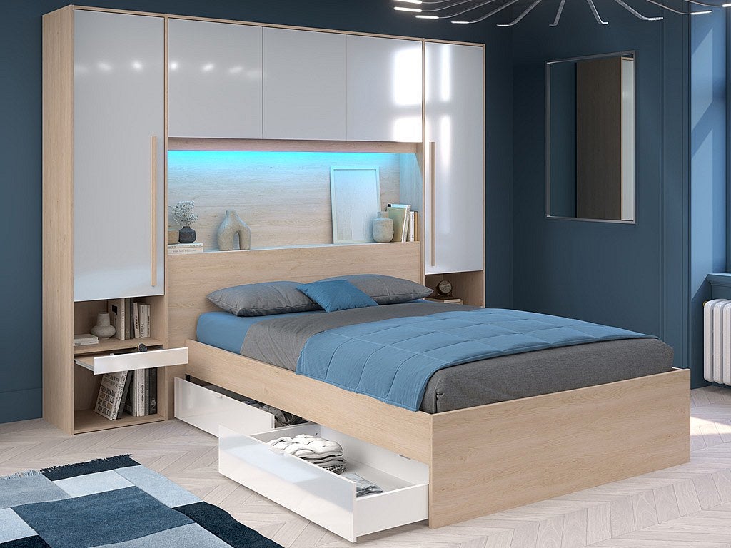 Łóżko z zabudową i schowkami 140 x 190 cm - z oświetleniem LED - Naturalny i biały z połyskiem + Stelaż + Materac - VELONA