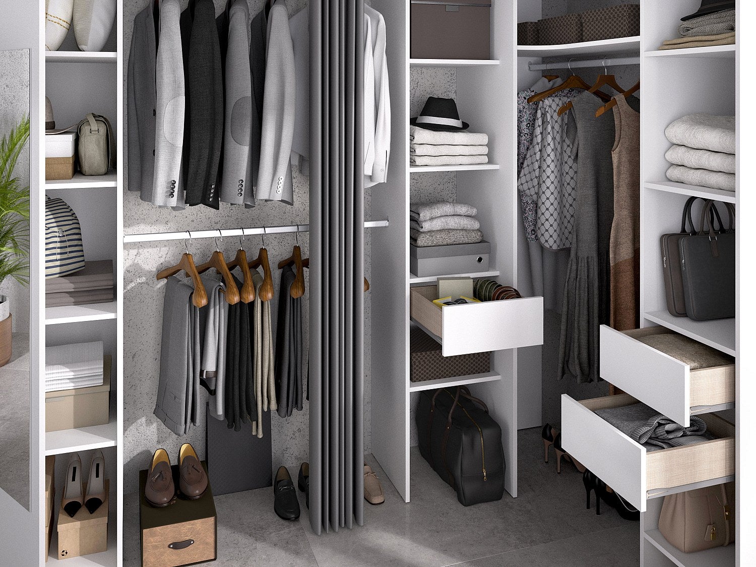 Dressing d'angle avec rideau et 1 porte - Avec miroir - L231 cm - Blanc et gris - BERTRAND - 5