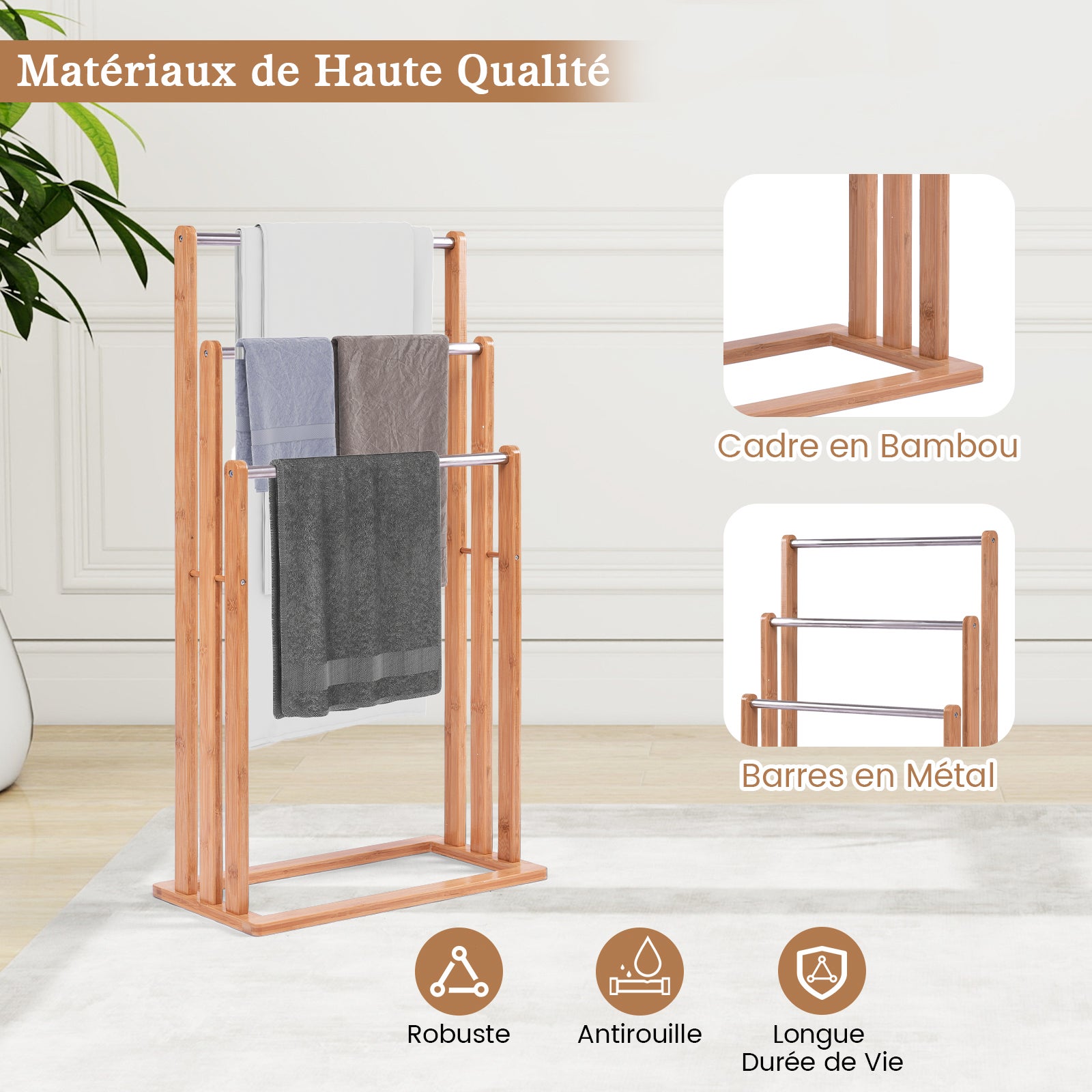 Portasciugamani in Bambù da Terra 46x24x84cm, Mobile Bagno con 3 Aste per Asciugamano in Acciaio Inox, Colore Naturale - 5