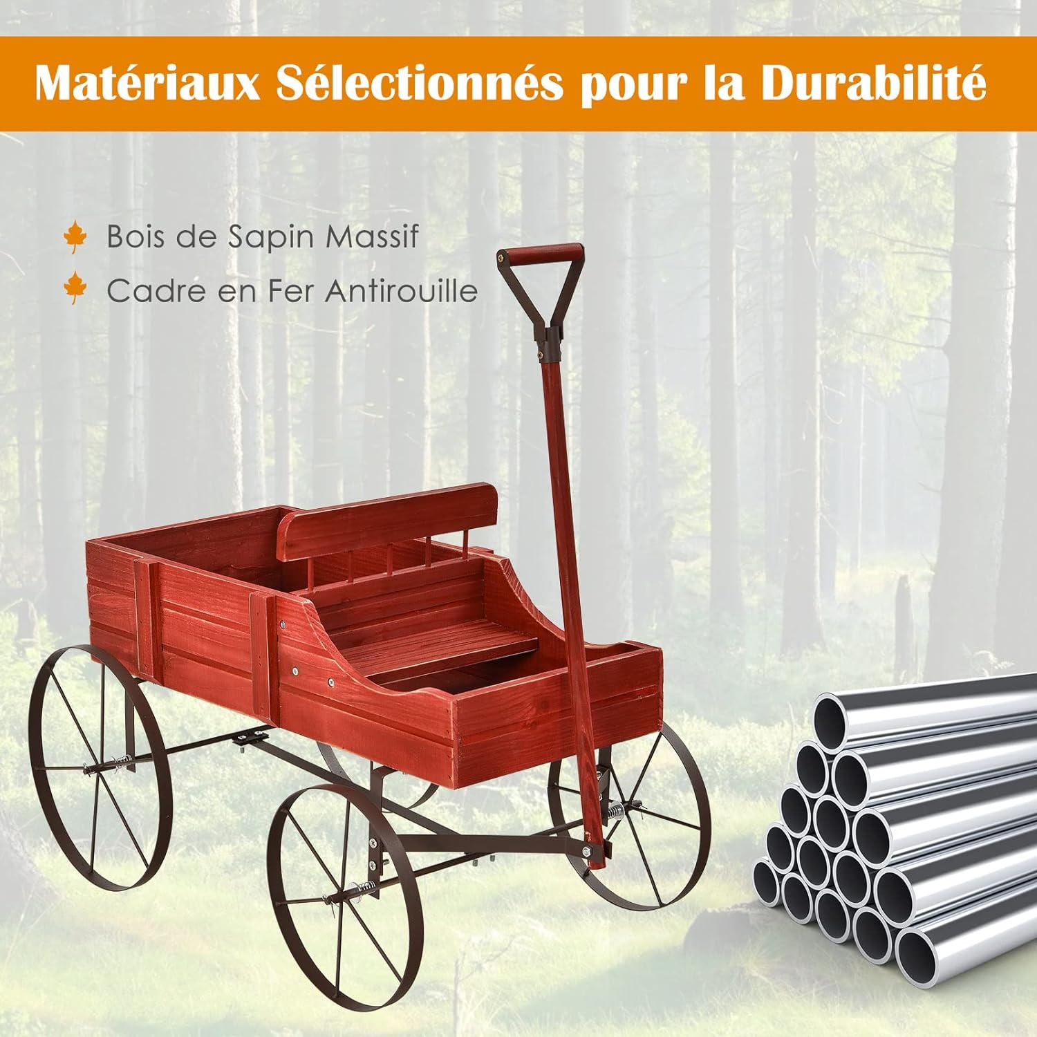 Brouette Décorative en Bois- 35×62,5×60cm- 2 Compartiments à Plantere-Jardinière Forme Brouette Chariot-Jusqu’à 15kg-Rouge - 2