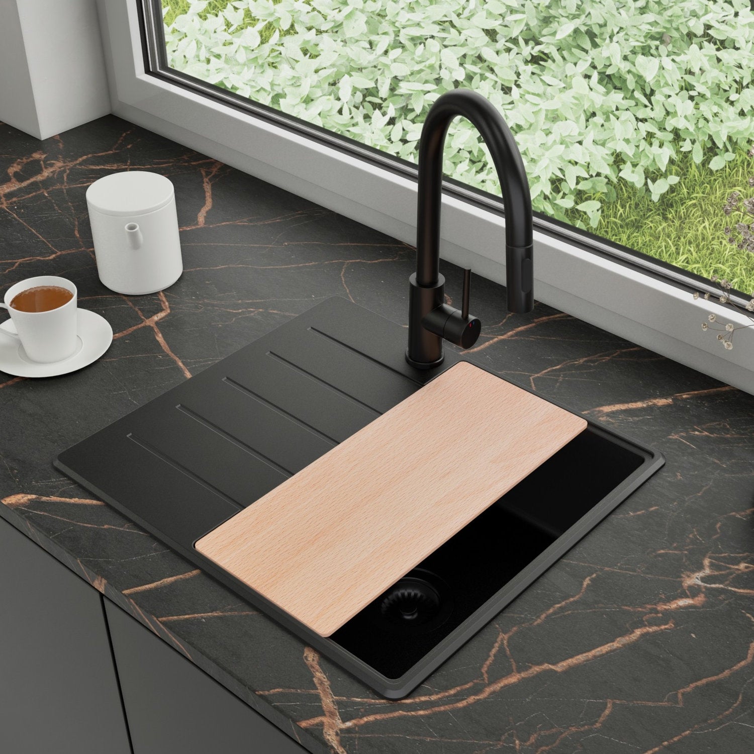 Zlewozmywak Granitowy 55x50cm, do szafki od 40cm + Bateria + Syfon + Deska - Ametyst Cały Czarny STONESTYLE