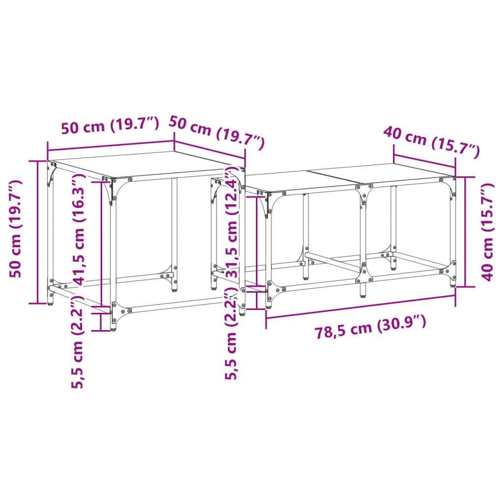2 peças Mesas de Café，Mesa de centro Nesting com tampo de vidro preto em aço CFW669165 - 8