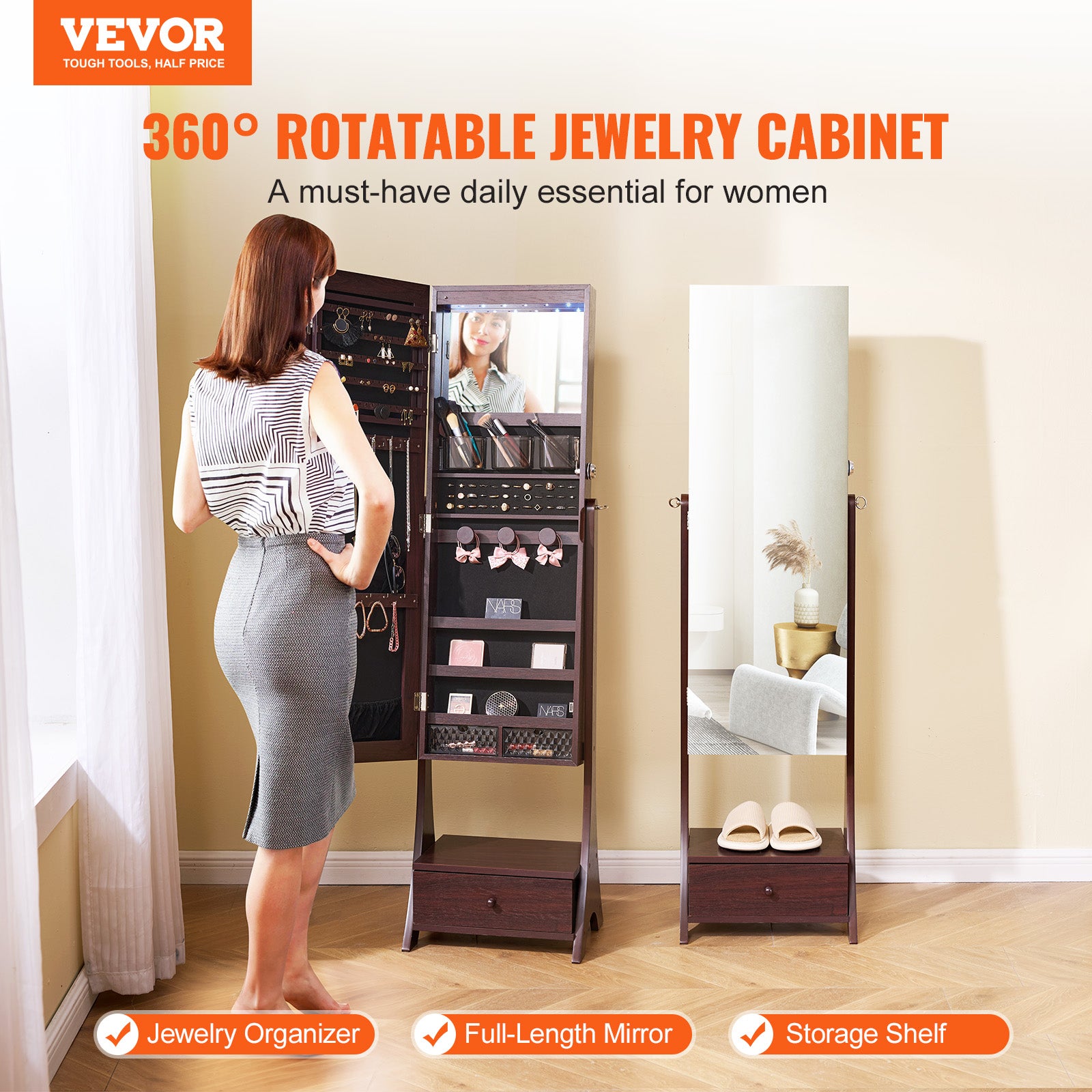 Armoire à Bijoux VEVOR avec Miroir Pleine Longueur, Organisateur sur Pied, Verrouillable, Intérieur LED, Velours, Tiroirs, Marron - 2