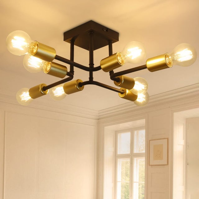 ZMH Lampa sufitowa 485 x 48 x 16 centymetrów E27 w stylu retro industrialnym, metalowa, 8 żarówek, kolor czarny i złoty, maksymalna moc 25 watów