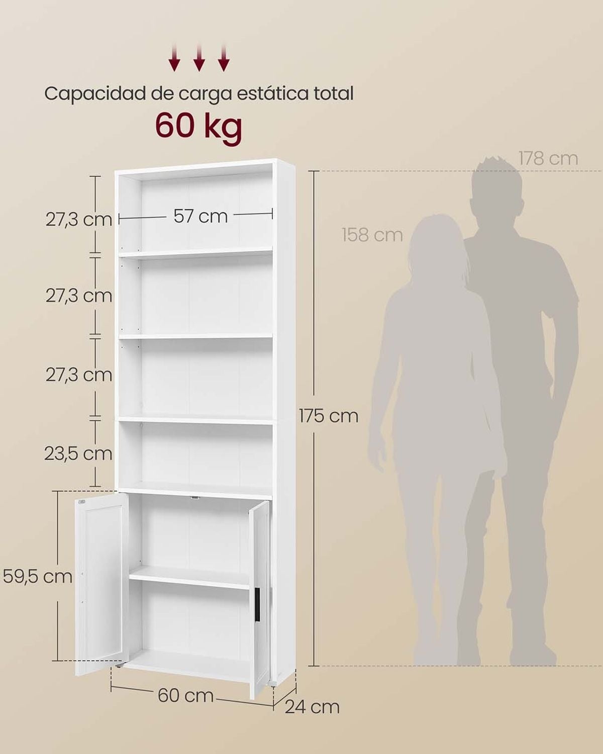 Estantería de 6 niveles, con puertas, 60 cm de ancho, estilo industrial, para salón, blanco - 2