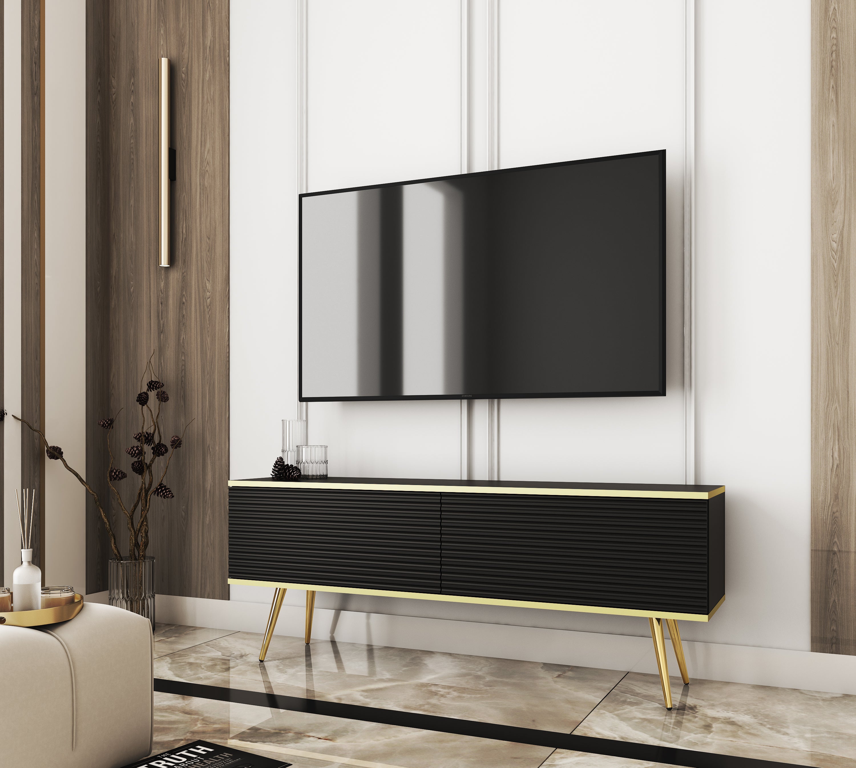 Stolik pod TV z czarnymi listwami, złotymi nogami, 135 x 30 x 52 cm, otwierany na naciśnięcie - 2