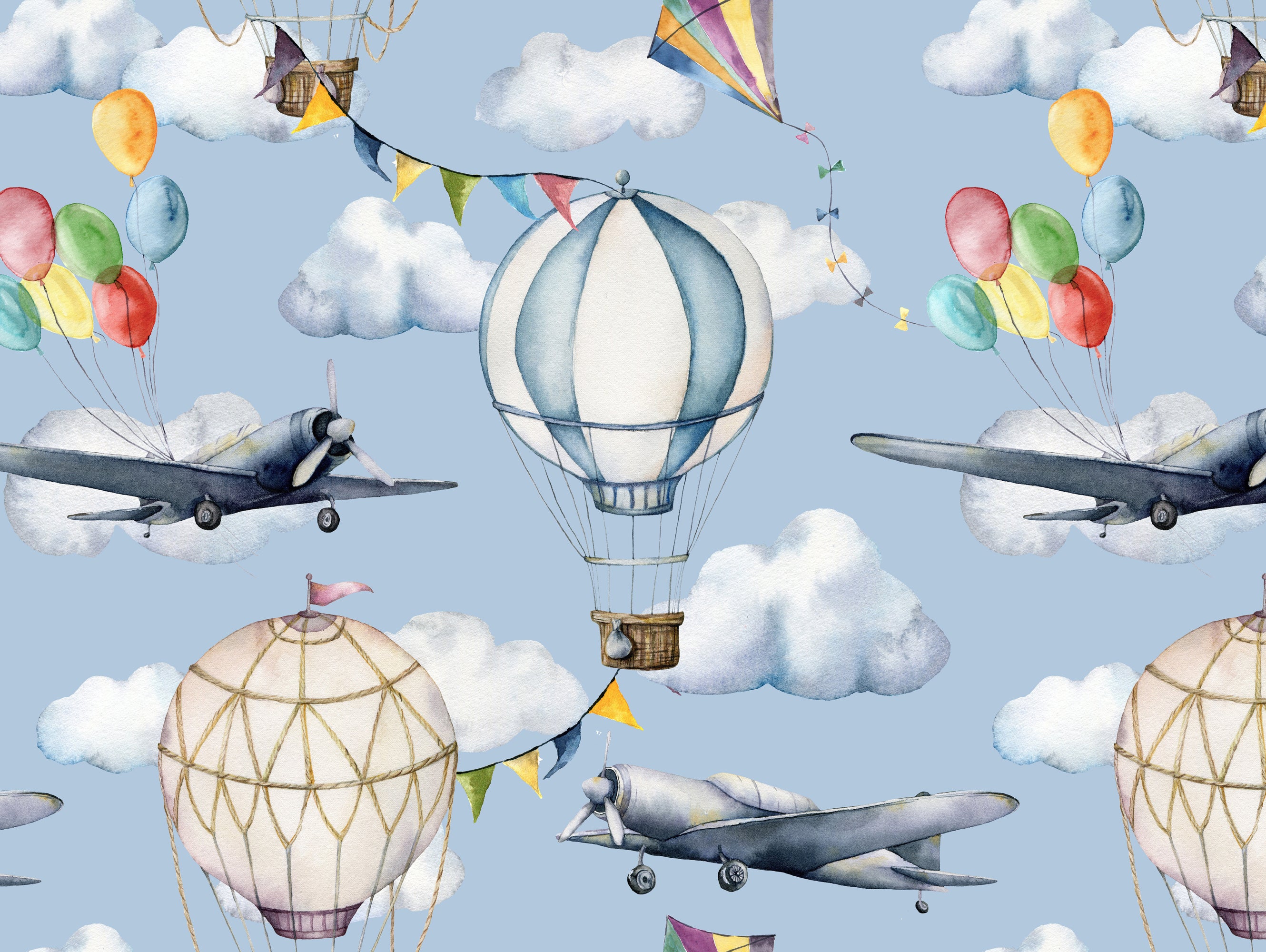 Dywan winylowy dla dzieci Balony i samoloty 200x266 cm - Antypoślizgowy PVC, winyl do pokoju dziecięcego, ognioodporny i zmywalny.