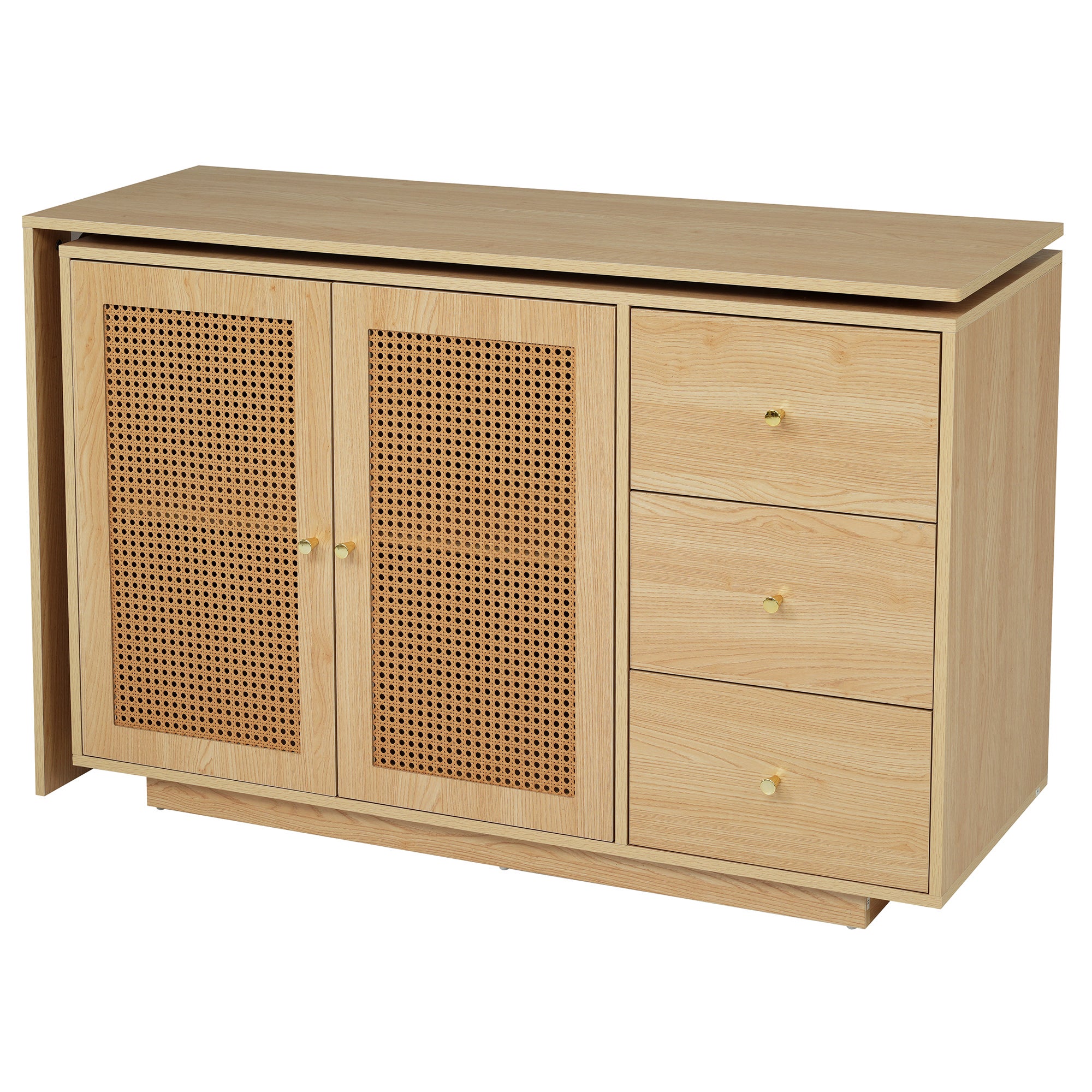 Bureau d'angle avec pivotant 360 degrés, portes en rotin, 3 tiroirs, MDF couleur naturelle - 7