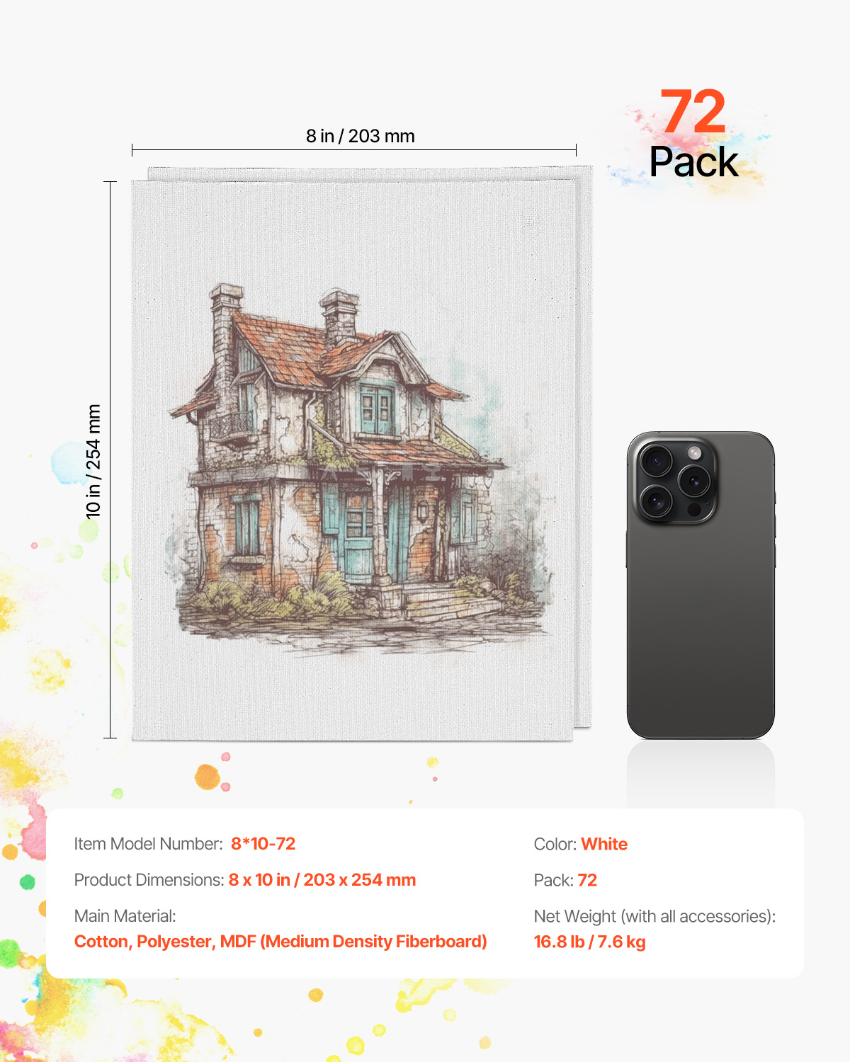 Toile Blanche Peinture,Lot de VEVOR 72,203x254 mm,Toile à Peindre pour Croquis,Peinture Acrylique et à l'Huile,pour Enfants et Professionnels - 7
