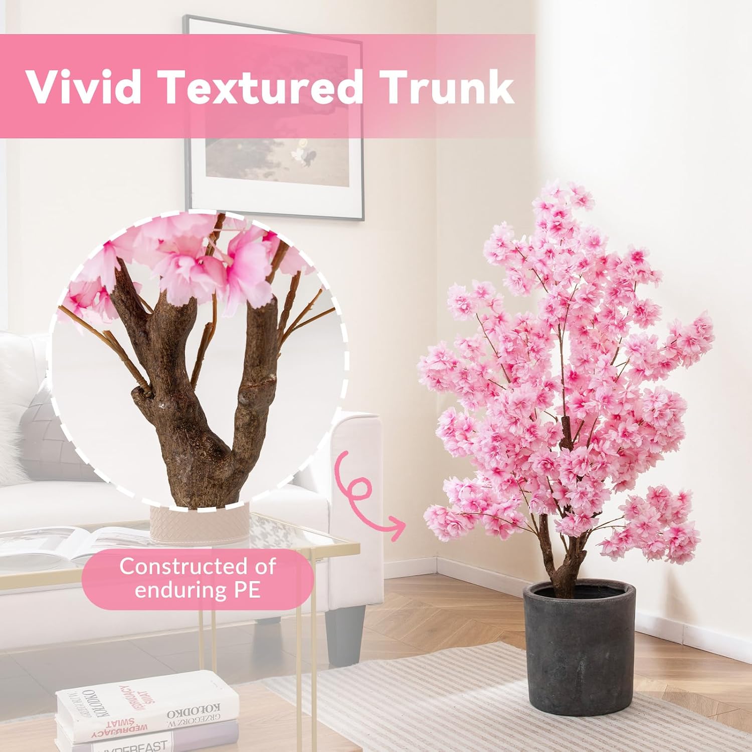 Árvore artificial de cerejeira, altura 118 cm, planta Sakura com 96 flores cor-de-rosa, vaso revestido com cimento, tronco com veios realistas - 5