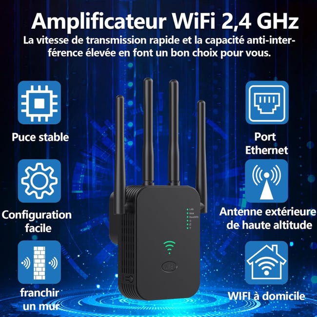 Répéteur WiFi 6 Antennes Puissant - Amplificateur Signal 300 Mbps + 2 Ports Ethernet - Modes Répéteur, AP, Routeur