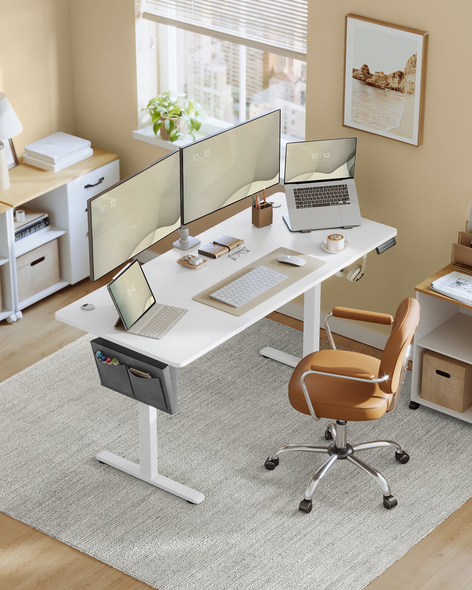 Bureau Électrique Assis-Debout, Bureau Réglable en Hauteur, 70 x 160 x (72-120) cm, 4 Hauteurs Mémorisables, Pochette de Rangement, Blanc Nuage - 2