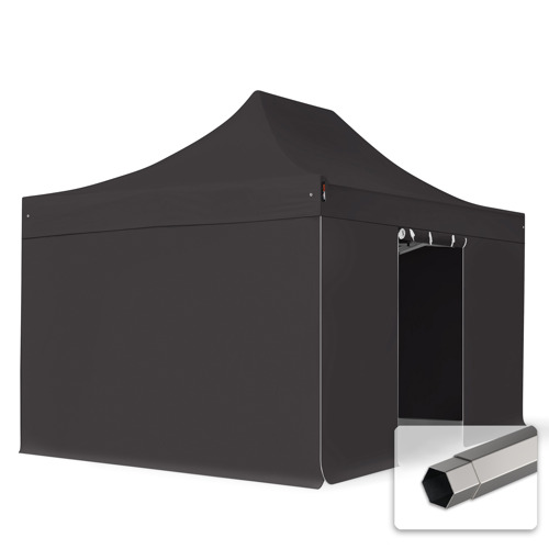3x4,5 m gazebo pieghevole PVC ignifugo con 4 laterali, PREMIUM acciaio, nero