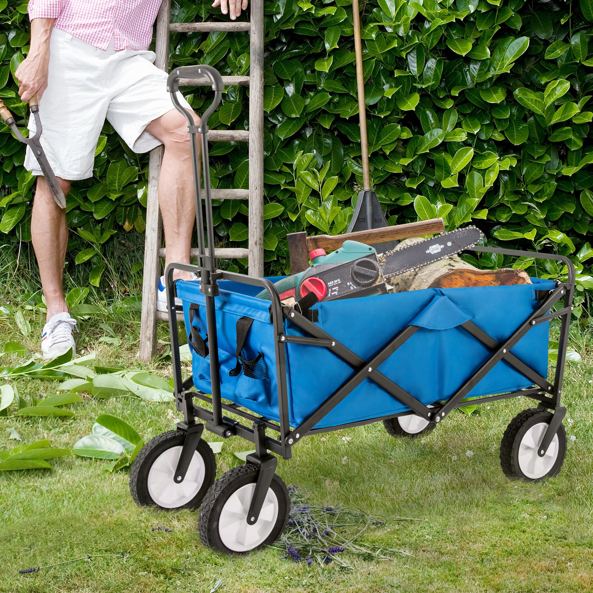 Hauki Chariot de Transport Pliable à Main avec Toit, Gris, avec 2x Poches en Filet/Extérieure, Roues avec Freins, Pivotante à 360°, Charge Max. 80 kg, pour Enfants/Outils, Jardin Plage