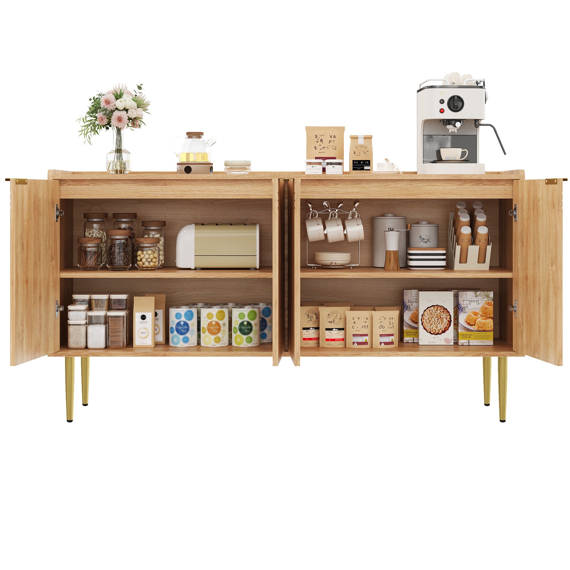 Nowoczesny buffet 140x38x75 cm - 4 fronty - wygląd drewna - Nogi metalowe - MDF - Kolor naturalny - 6