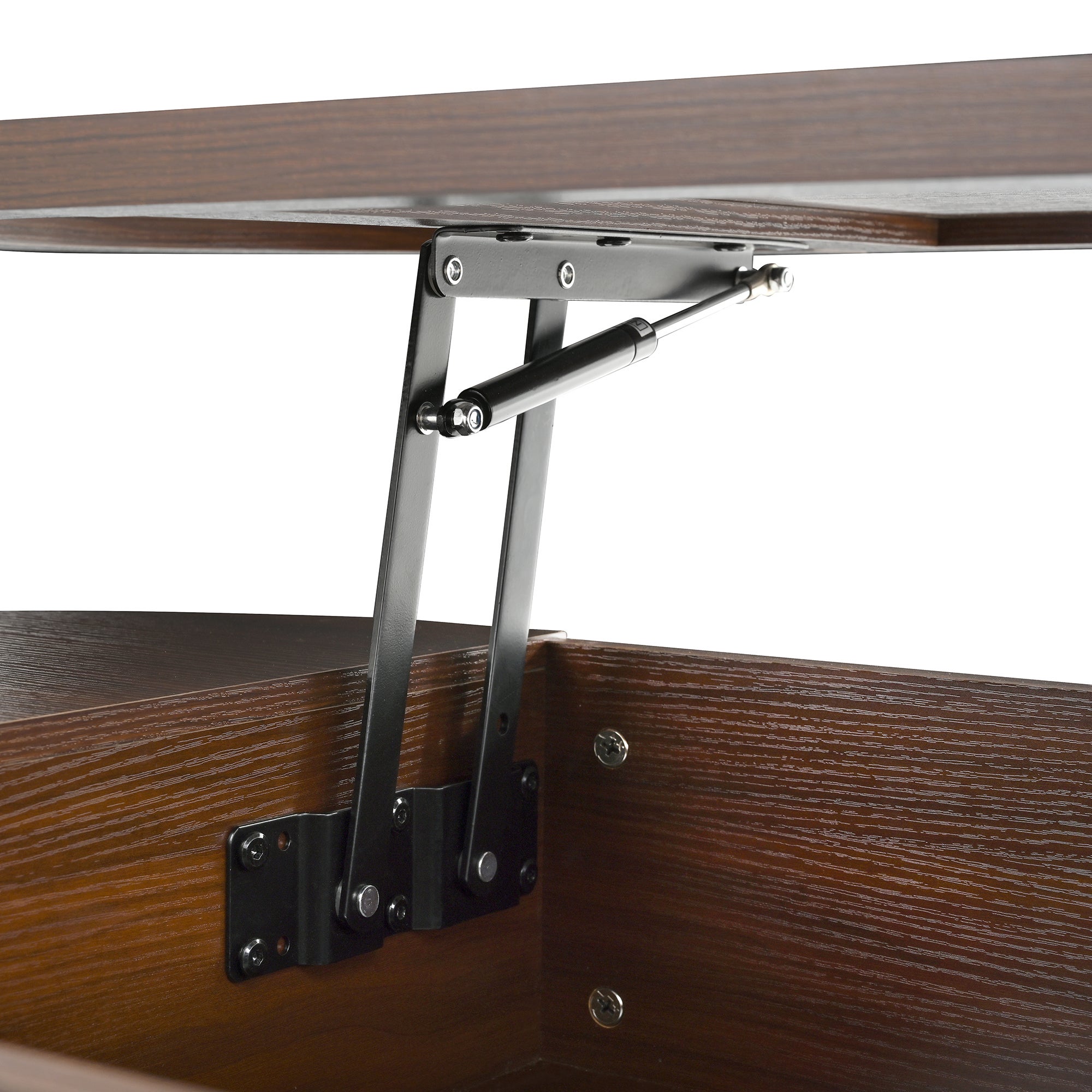 Table basse relevable multifonction 110x55x40 cm, Plateau réglable et étagère coulissante, Bords bois incurvés, Style vintage et gain de place, Noyer - 7
