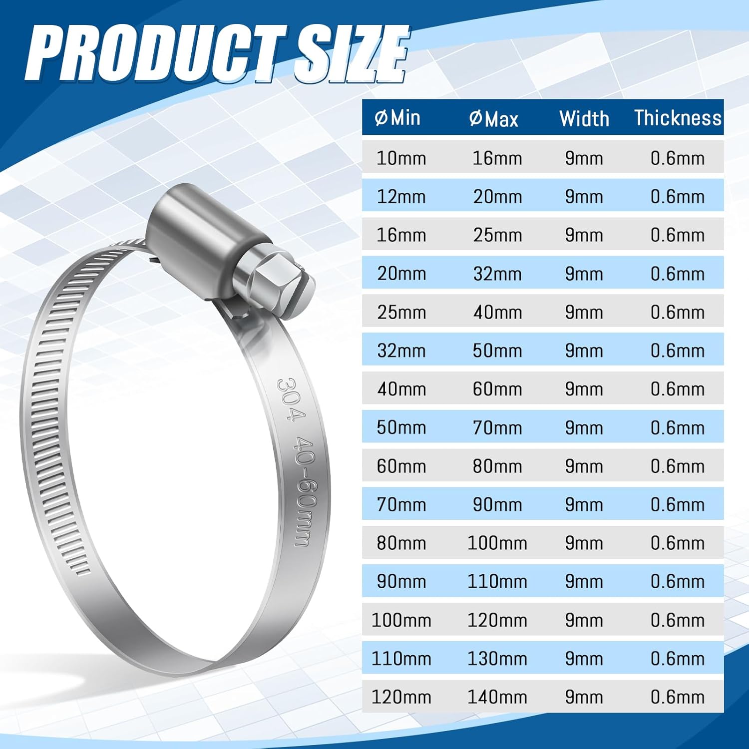 10 Pièces 32-50mm Collier de Serrage Réglable, Collier de Serrage Inox 304 Collier Serrage Métallique pour la Plomberie, Piscine, l'Automobile - 2