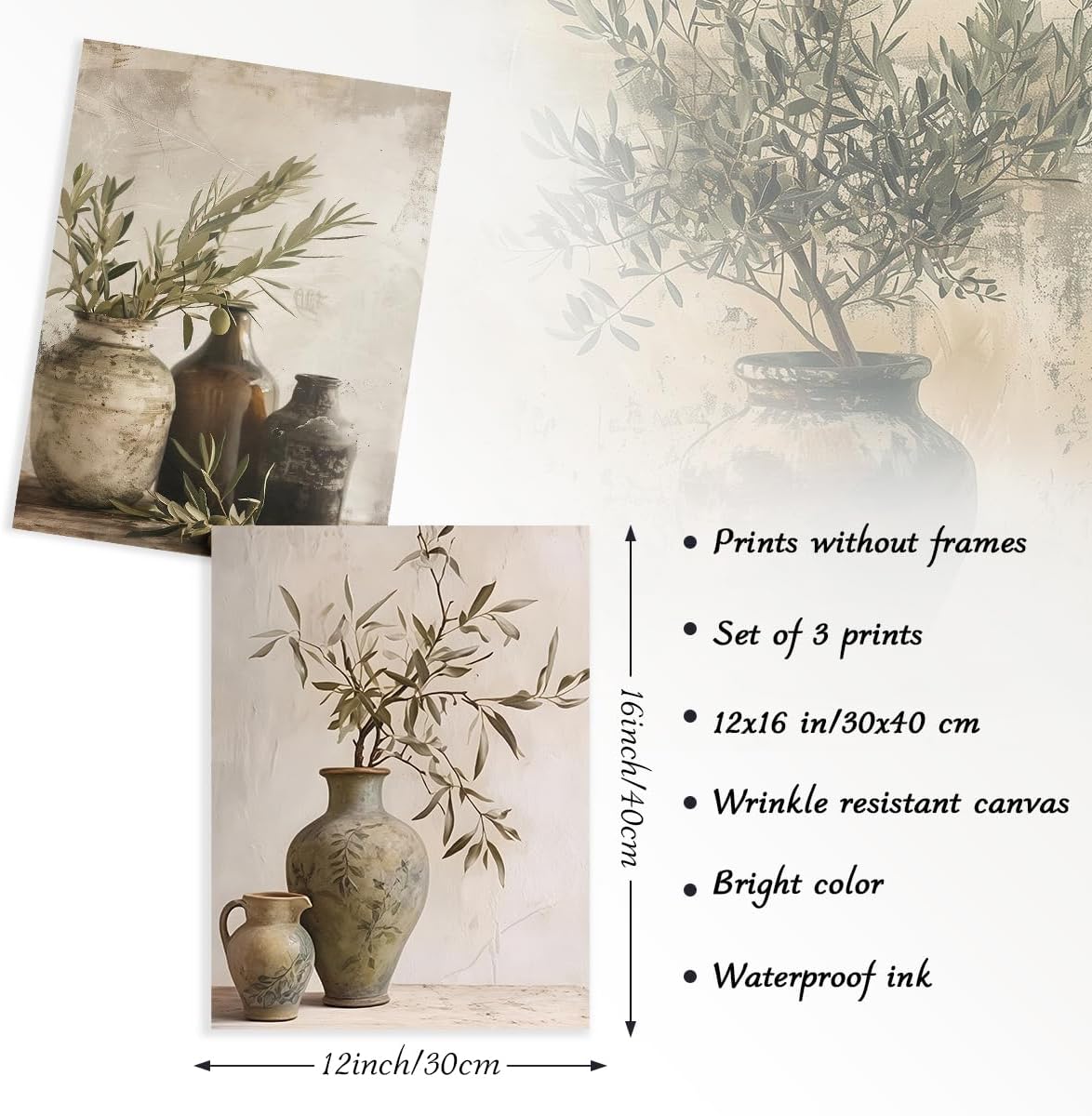 Set de 3 Décoration Murale de Branche d'Olivier Rustique, Impressions sur Toile dans Pot en Terre Cuite pour Style Fermier 12x16 pouces sans Cadre - 5