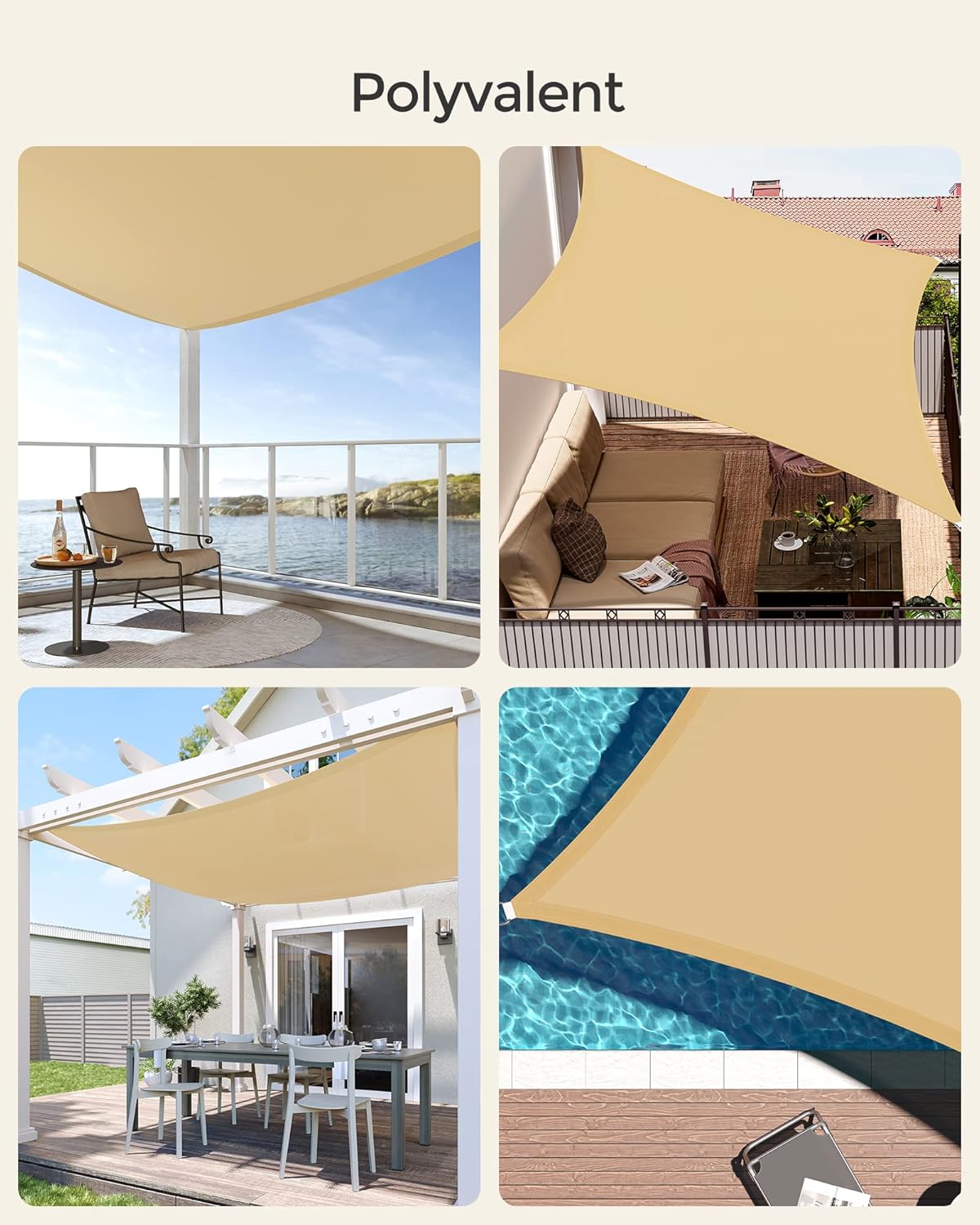 Voile d'Ombrage 3 x 4 m, Hydrofuge Colonne d’Eau de 665 mm, Polyester Anti-déchirure, Protection UV 93%, Terrasse, Jardin, Balcon, Rectangulaire, Cord - 8