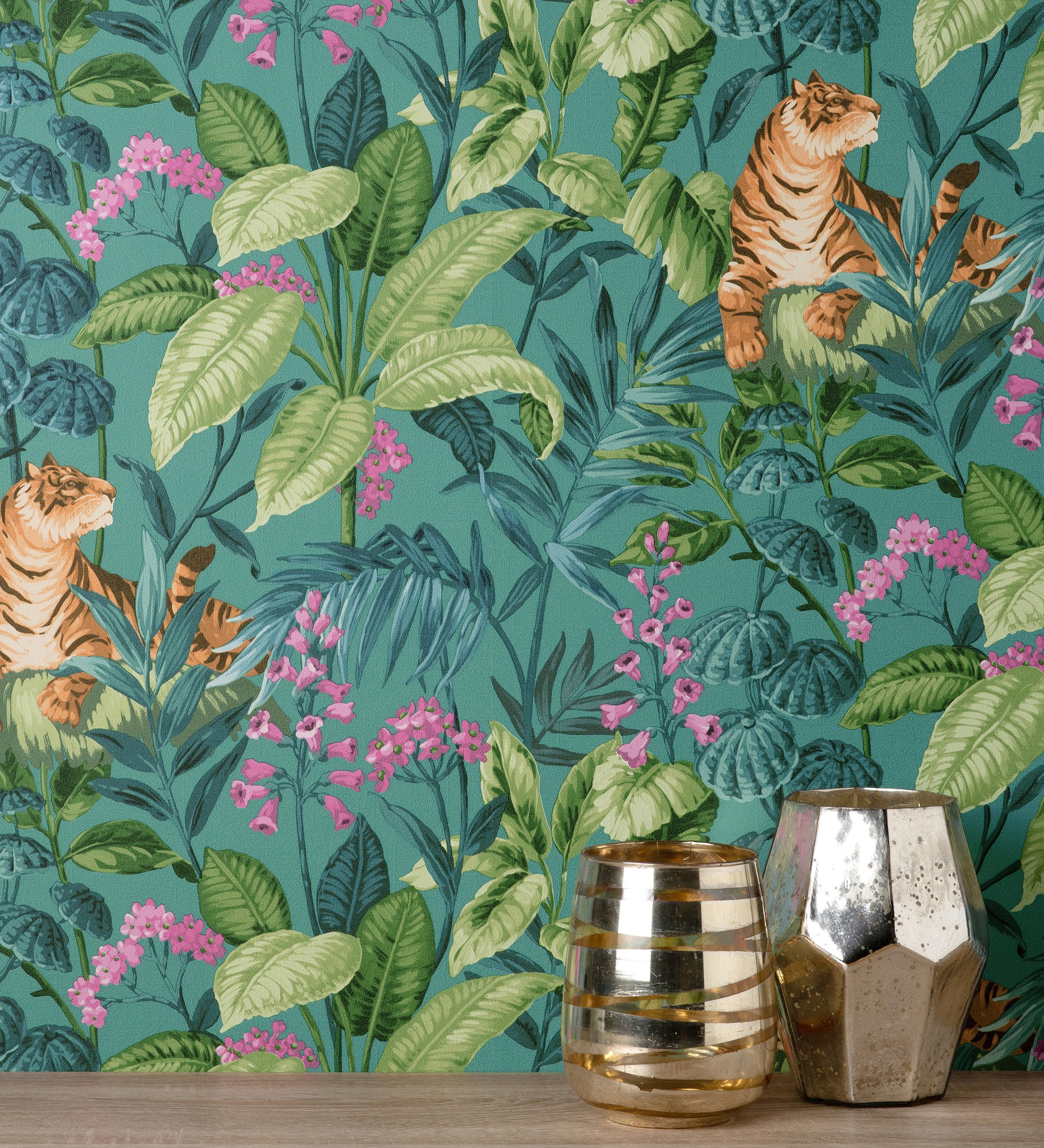 Papel pintado vinílico de tigres y hojas tropicales color turquesa con textura en relieve - machli 681996 de gaulan - rollo de 10 m x 0,52 m